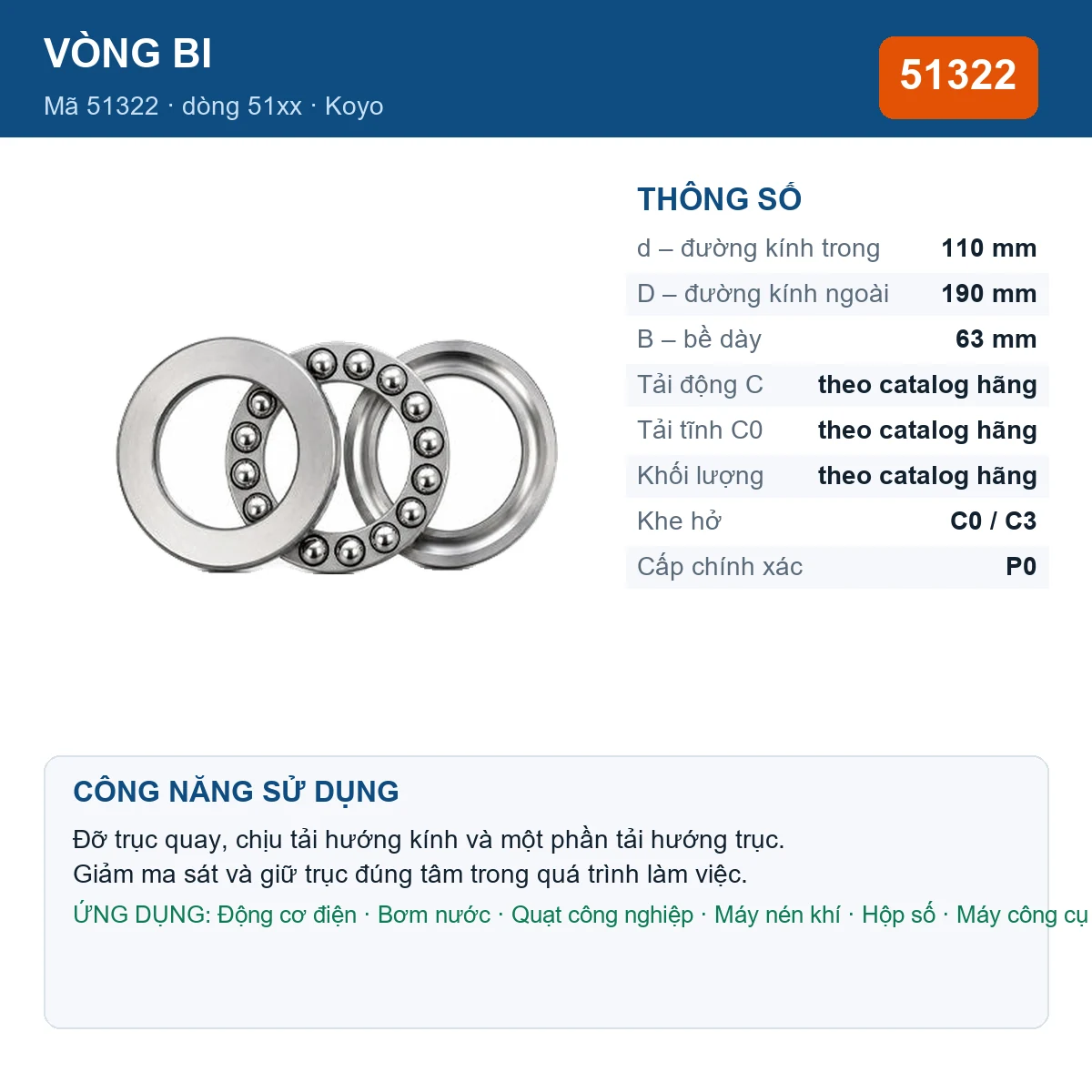 Vòng bi Koyo 51322 — kích thước 110x190x63mm