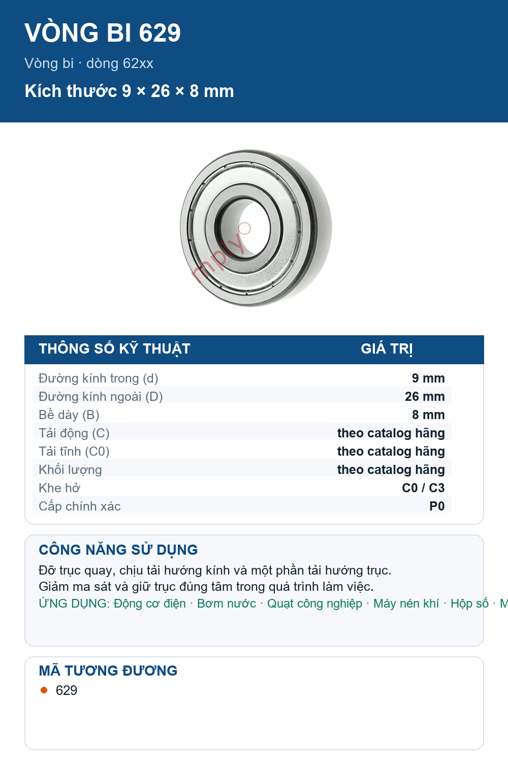 Vòng bi Codex 629 9x26x8mm — Ảnh thông số (Pinterest)