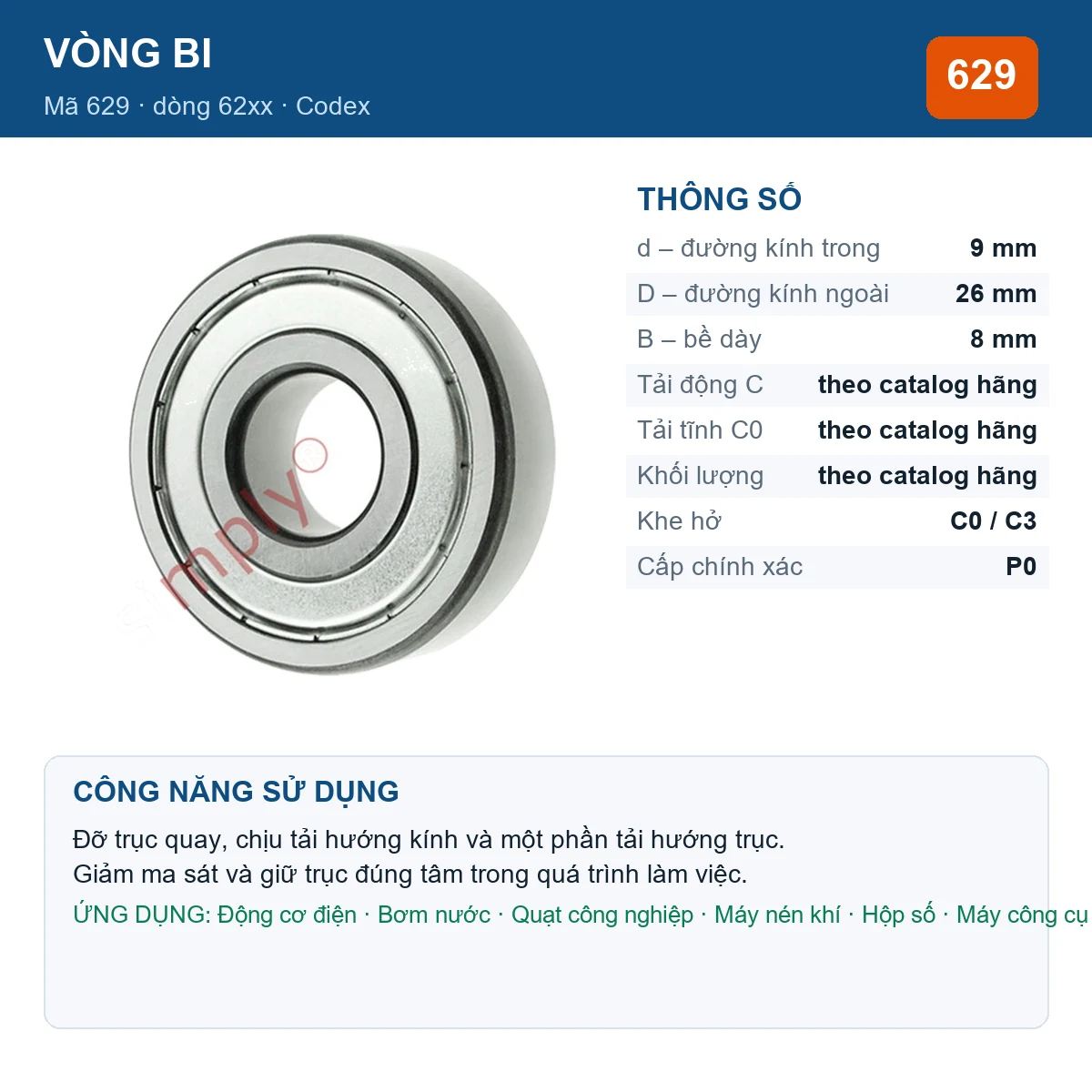 Vòng bi Codex 629 — kích thước 9x26x8mm