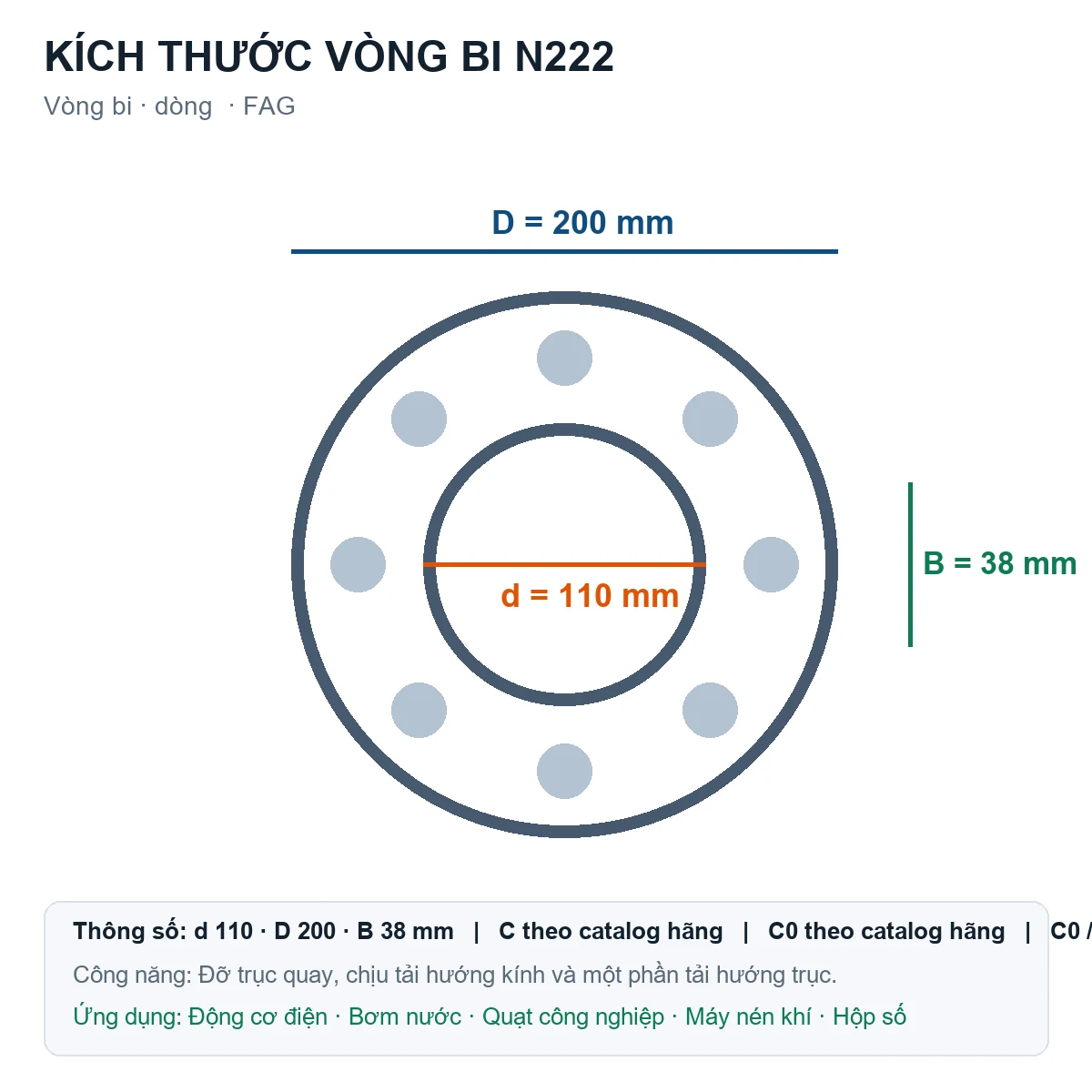 Vòng bi FAG N222 110x200x38mm — Bản vẽ kích thước (Google Images)