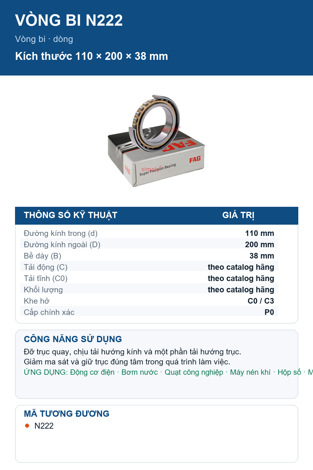 Vòng bi FAG N222 110x200x38mm — Ảnh thông số (Pinterest)