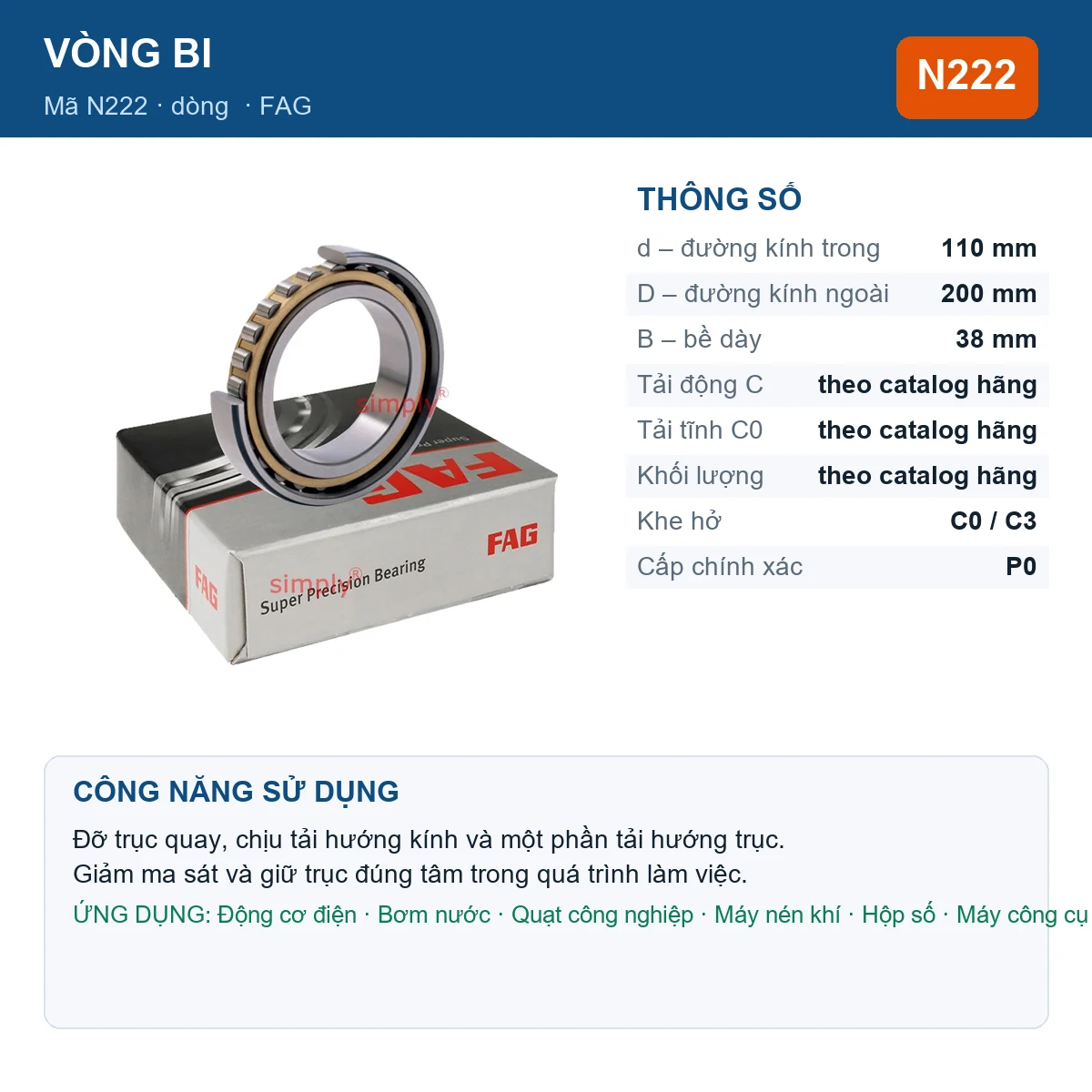 Vòng bi FAG N222 110x200x38mm — Ảnh đăng sản phẩm (web)