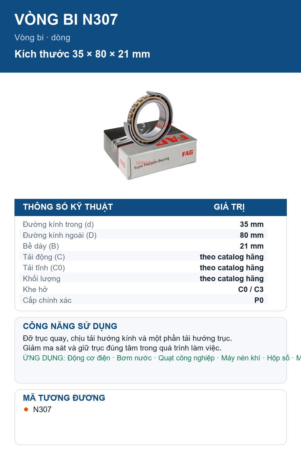 Vòng bi FAG N307 35x80x21mm — Ảnh thông số (Pinterest)