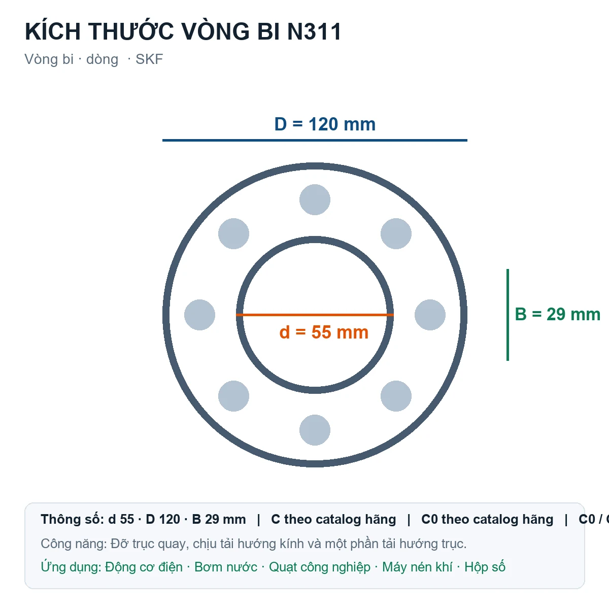 Vòng bi SKF N311 55x120x29mm — Bản vẽ kích thước (Google Images)