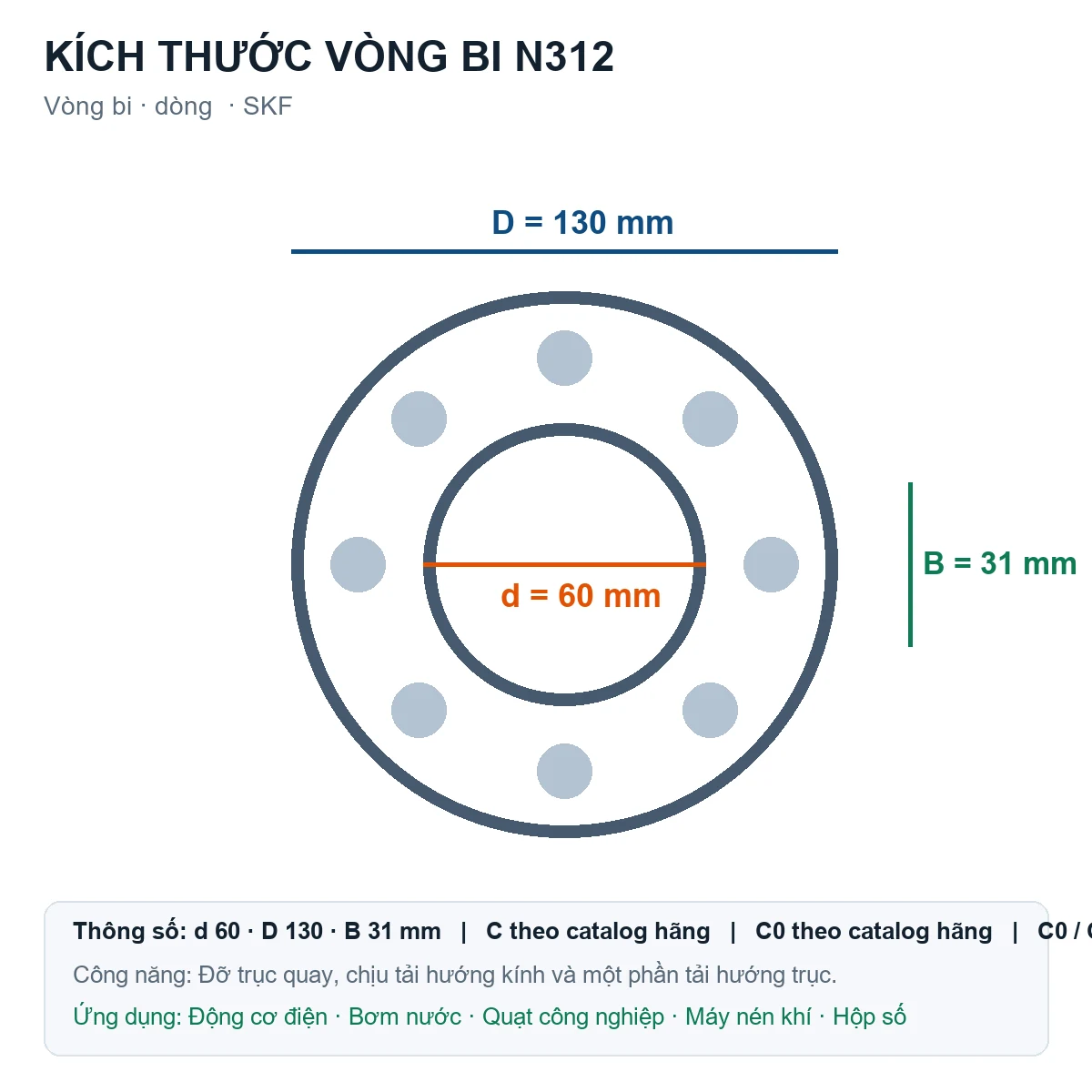 Vòng bi SKF N312 60x130x31mm — Bản vẽ kích thước (Google Images)