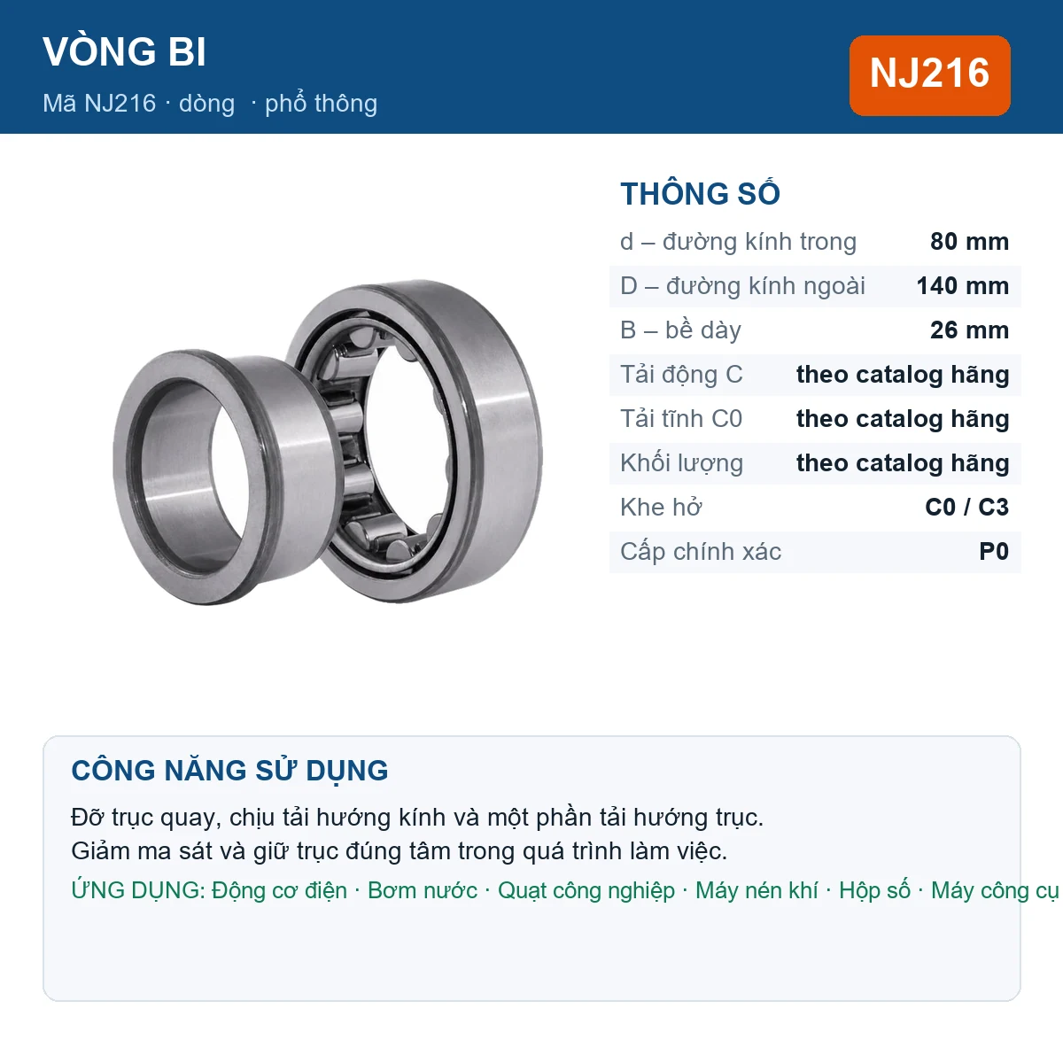 Vòng bi Gen NJ216 — kích thước 80x140x26mm