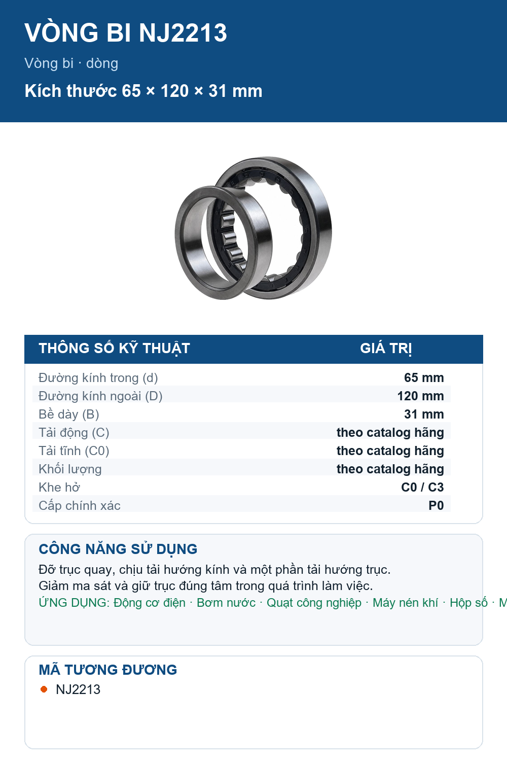 Vòng bi Codex NJ2213 65x120x31mm — Ảnh thông số (Pinterest)
