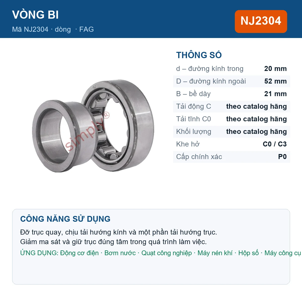 Vòng bi FAG NJ2304 — kích thước 20x52x21mm