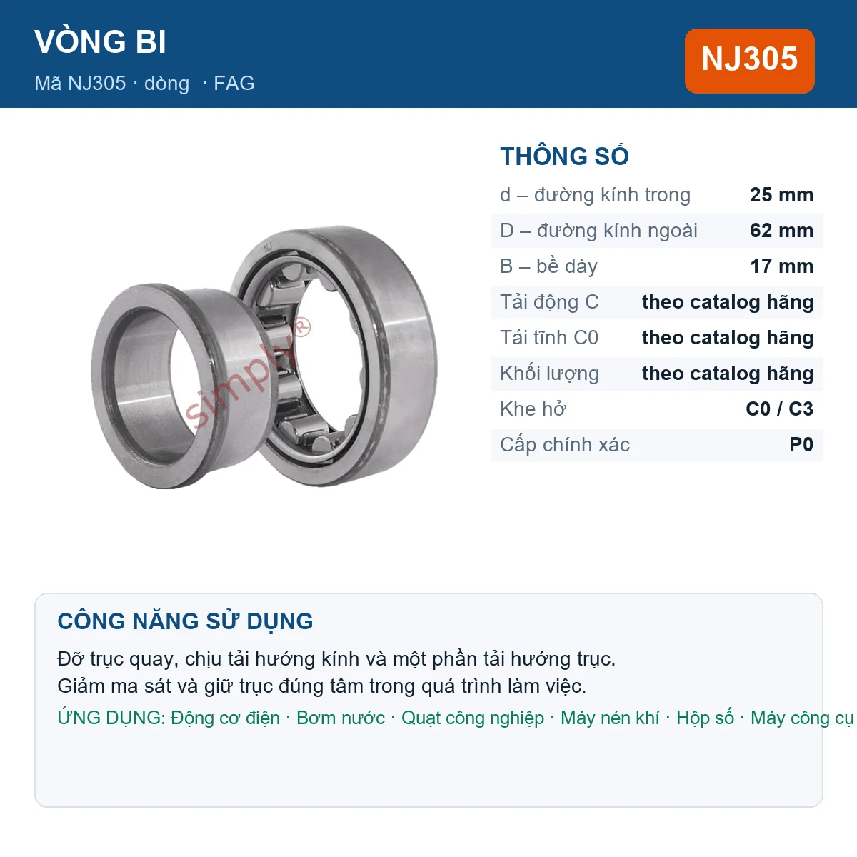 Vòng bi FAG NJ305 25x62x17mm — Ảnh đăng sản phẩm (web)