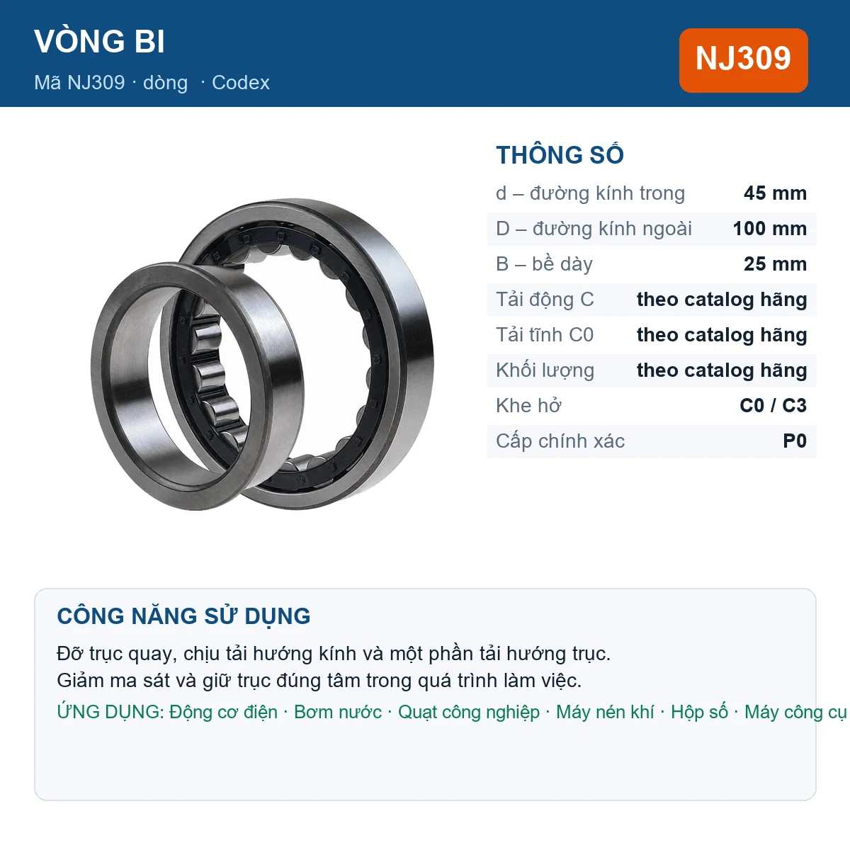 Vòng bi Codex NJ309 — kích thước 45x100x25mm