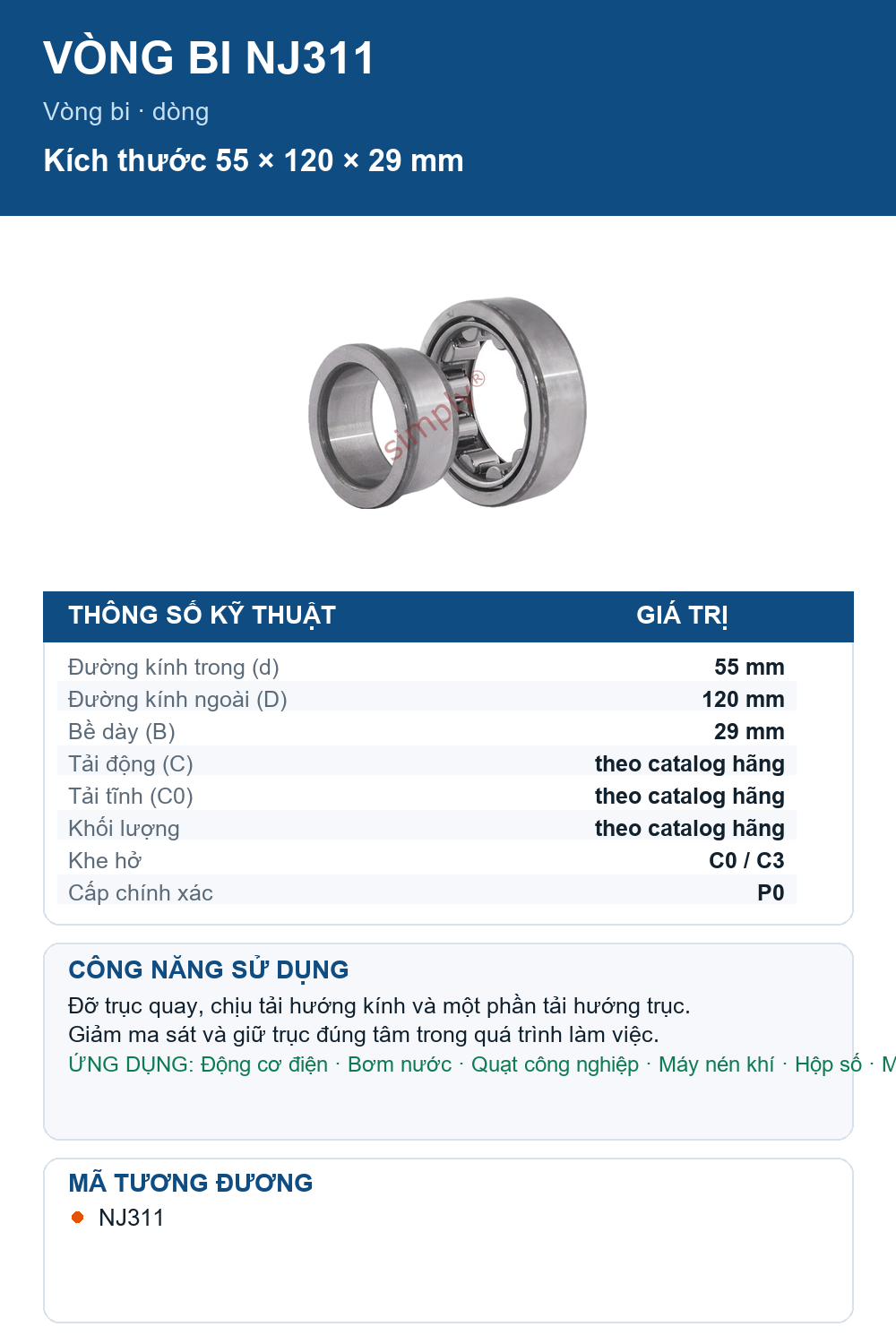 Vòng bi FAG NJ311 55x120x29mm — Ảnh thông số (Pinterest)