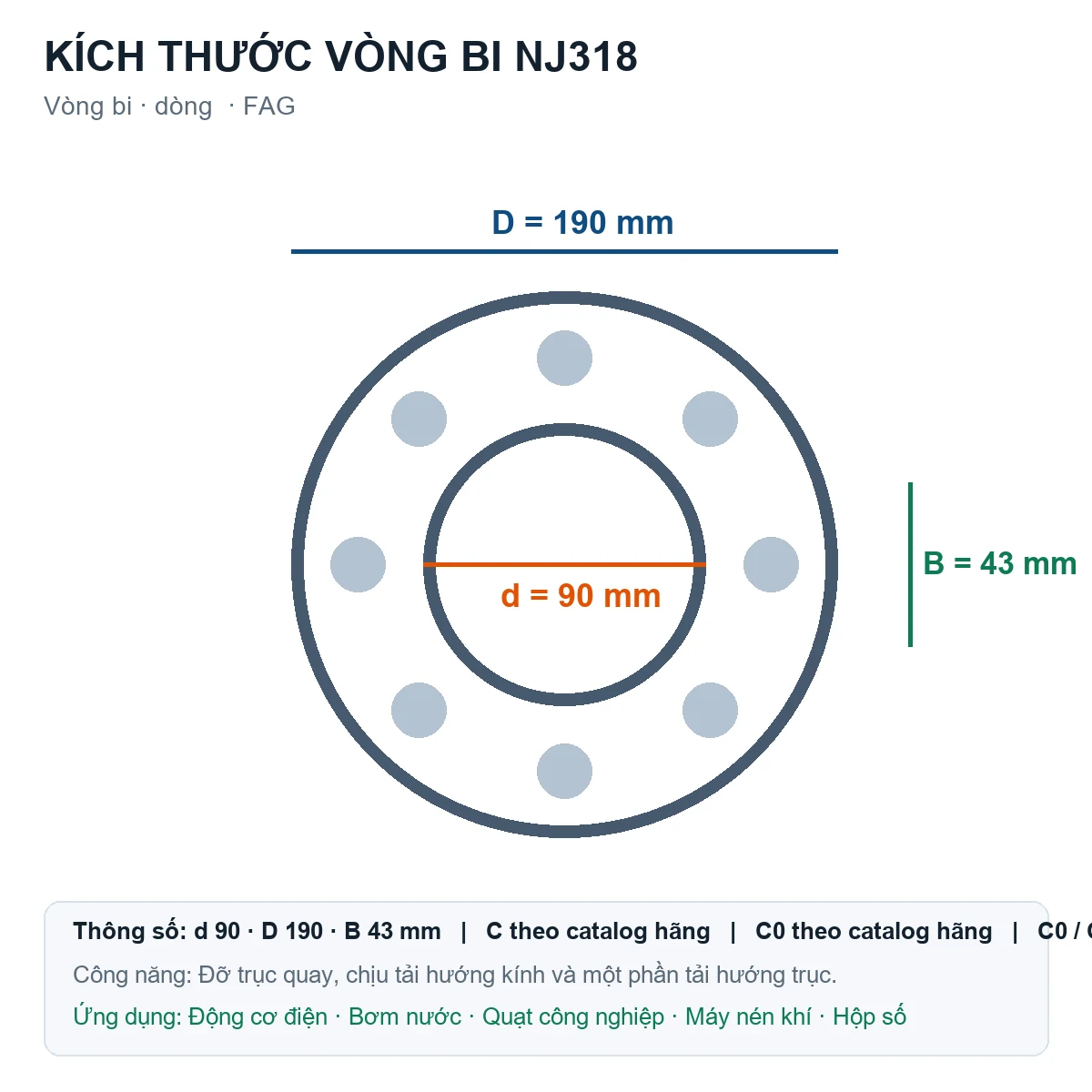 Vòng bi FAG NJ318 90x190x43mm — Bản vẽ kích thước (Google Images)