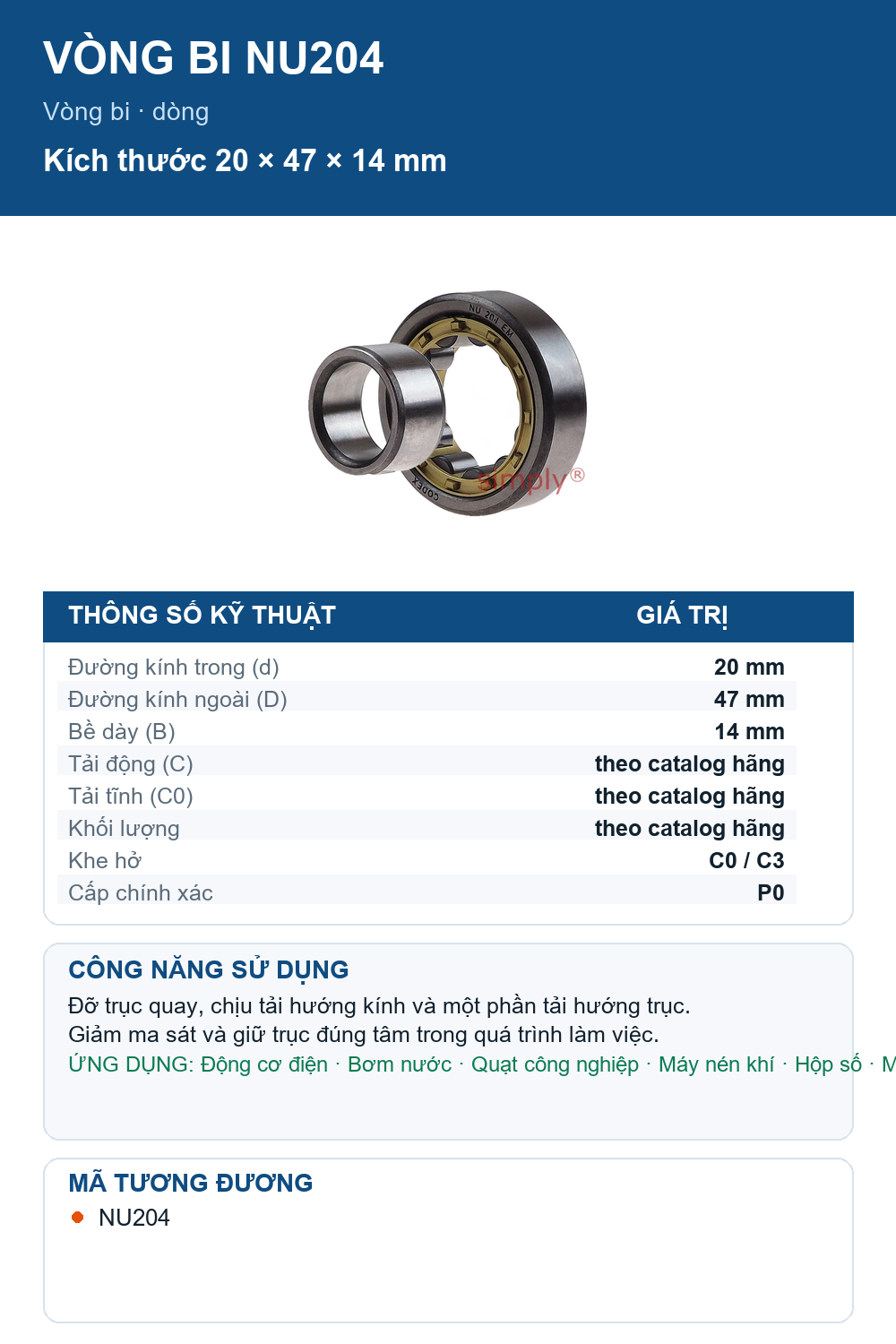 Vòng bi Codex NU204 20x47x14mm — Ảnh thông số (Pinterest)