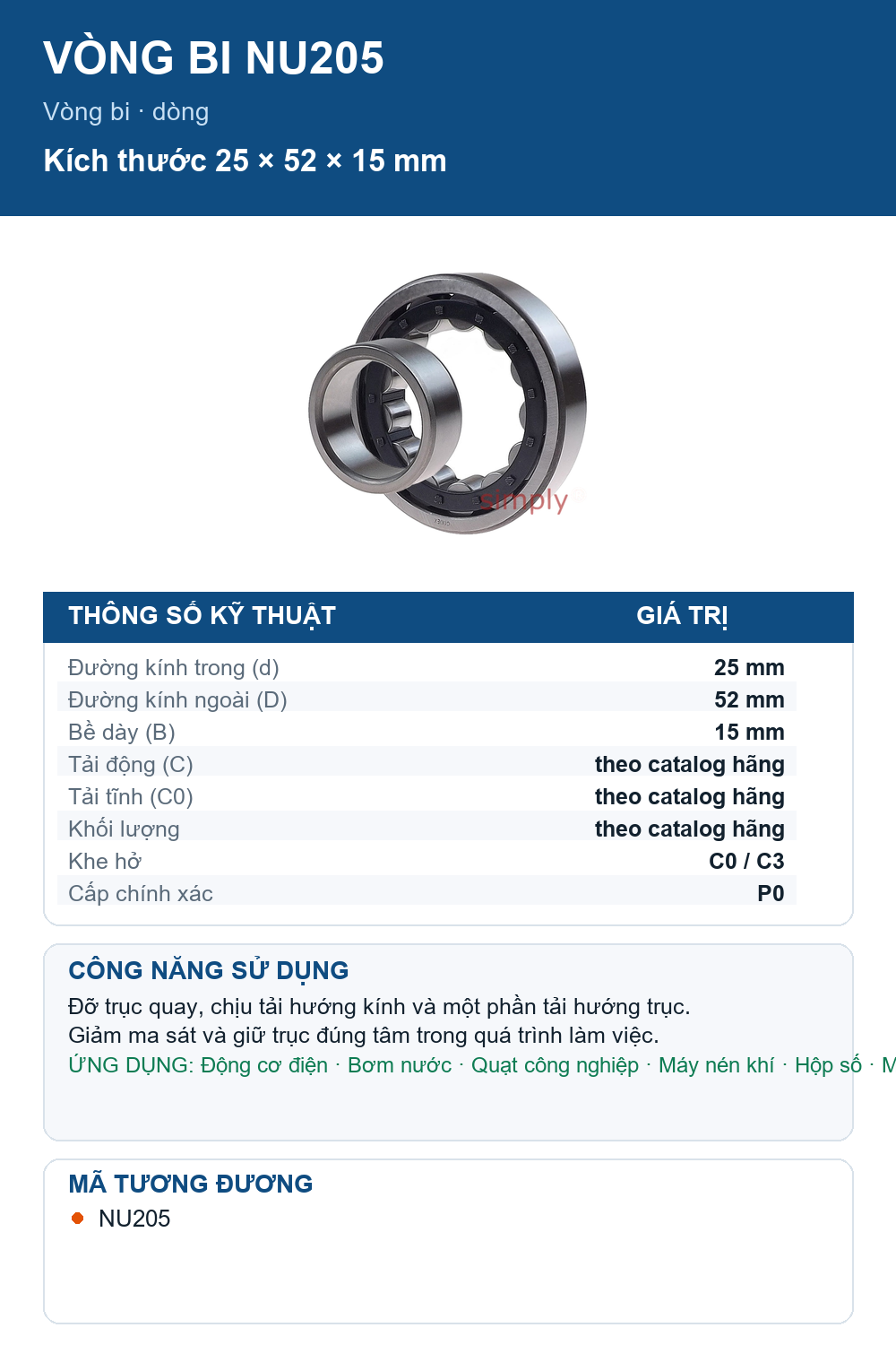 Vòng bi Codex NU205 25x52x15mm — Ảnh thông số (Pinterest)