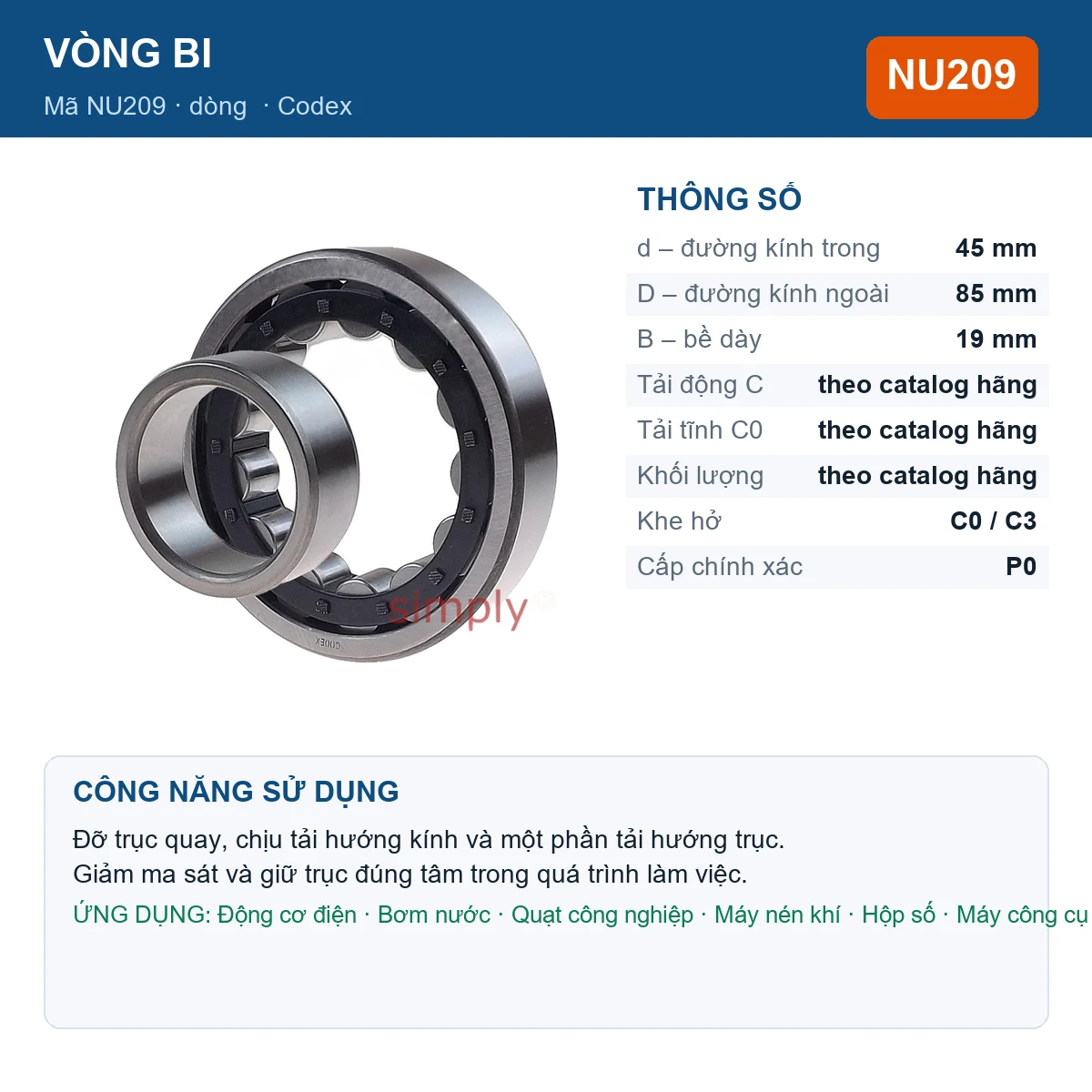 Vòng bi Codex NU209 45x85x19mm — Ảnh đăng sản phẩm (web)
