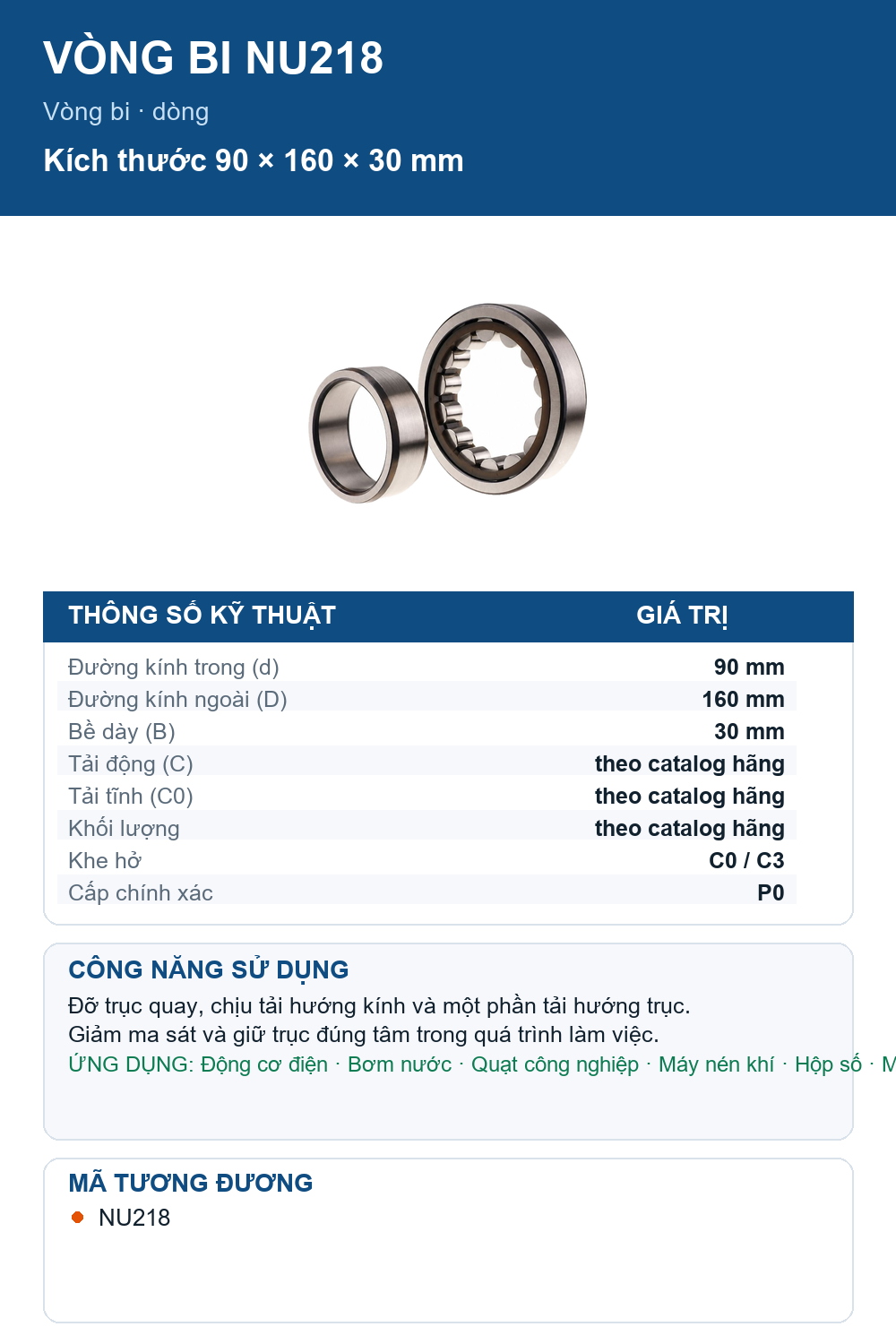 Vòng bi SKF NU218 90x160x30mm — Ảnh thông số (Pinterest)