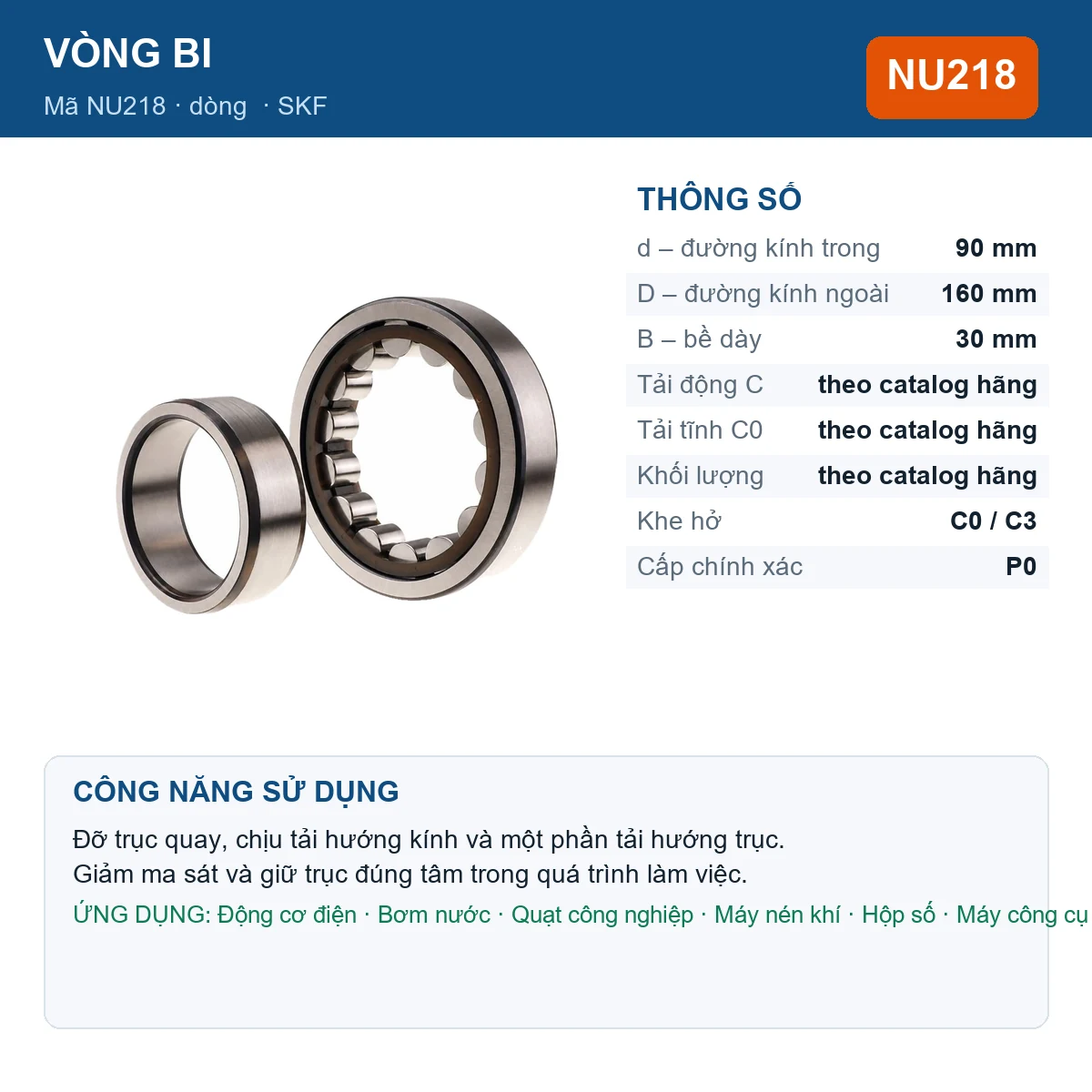Vòng bi SKF NU218 90x160x30mm — Ảnh đăng sản phẩm (web)
