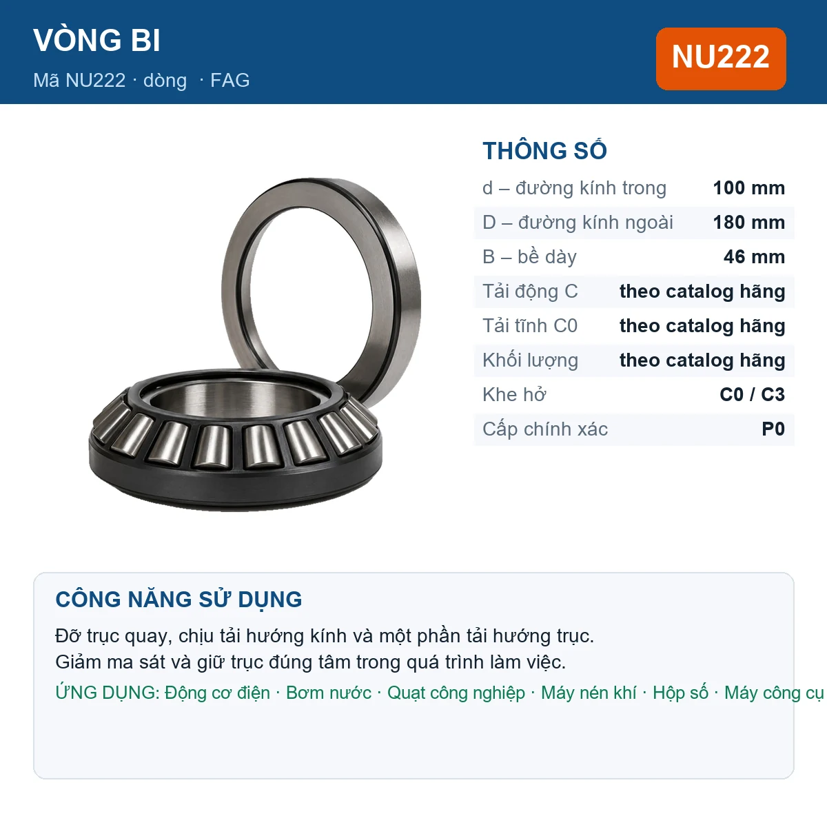 Vòng bi FAG NU222 100x180x46mm — Ảnh đăng sản phẩm (web)