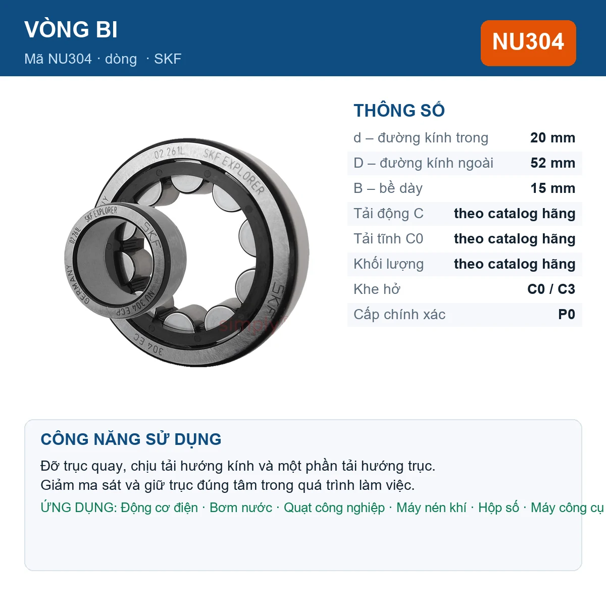 Vòng bi SKF NU304 20x52x15mm — Ảnh đăng sản phẩm (web)