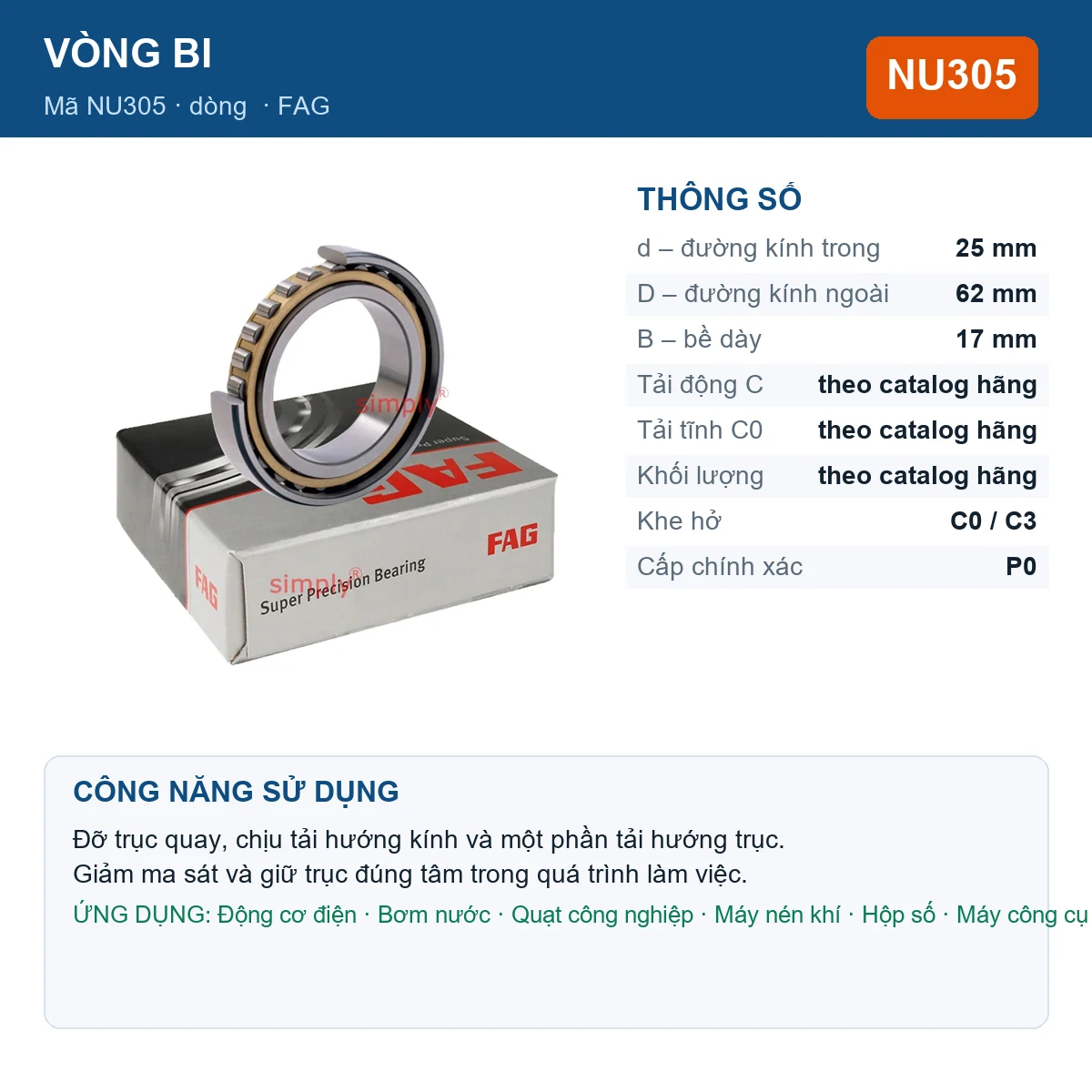 Vòng bi FAG NU305 25x62x17mm — Ảnh đăng sản phẩm (web)