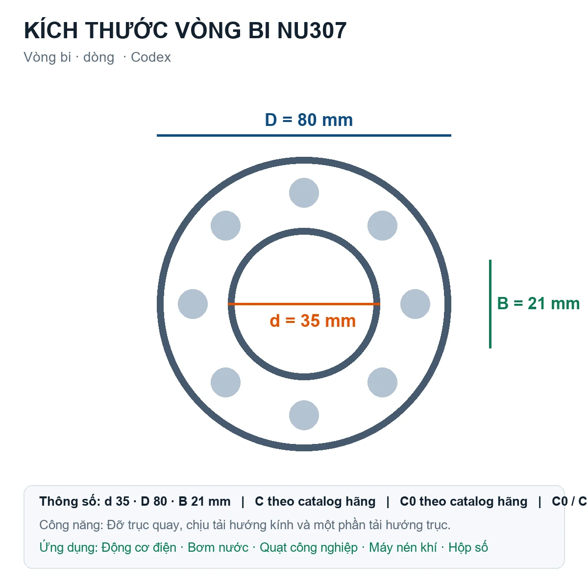 Vòng bi Codex NU307 35x80x21mm — Bản vẽ kích thước (Google Images)