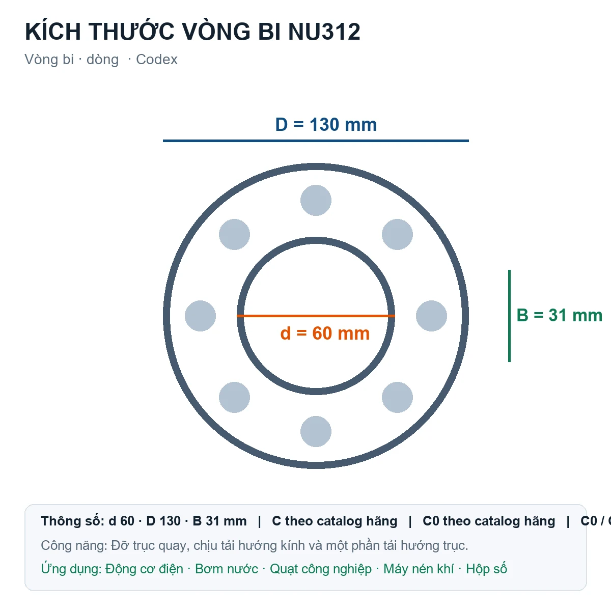 Vòng bi Codex NU312 60x130x31mm — Bản vẽ kích thước (Google Images)