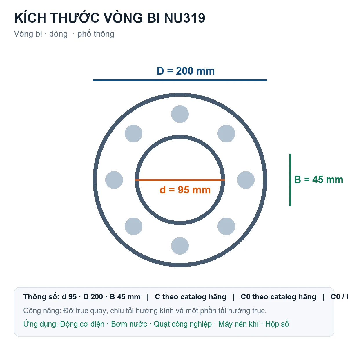 Vòng bi Gen NU319 95x200x45mm — Bản vẽ kích thước (Google Images)