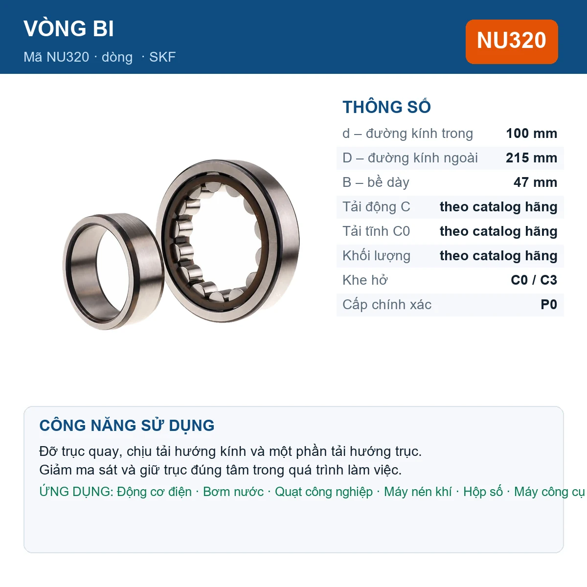 Vòng bi SKF NU320 100x215x47mm — Ảnh đăng sản phẩm (web)