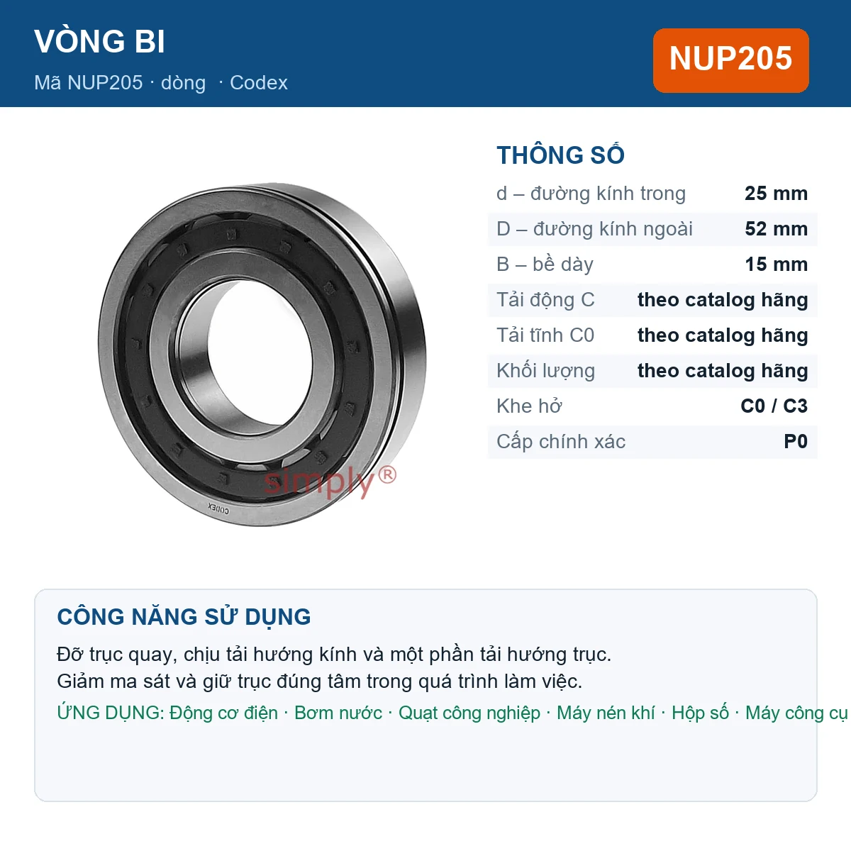 Vòng bi Codex NUP205 — kích thước 25x52x15mm