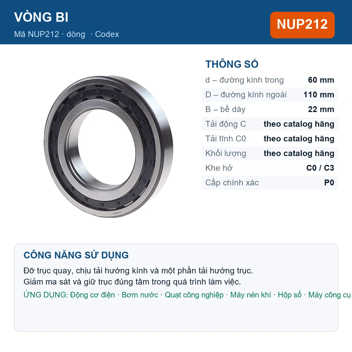 Vòng bi Codex NUP212 60x110x22mm — Ảnh đăng sản phẩm (web)