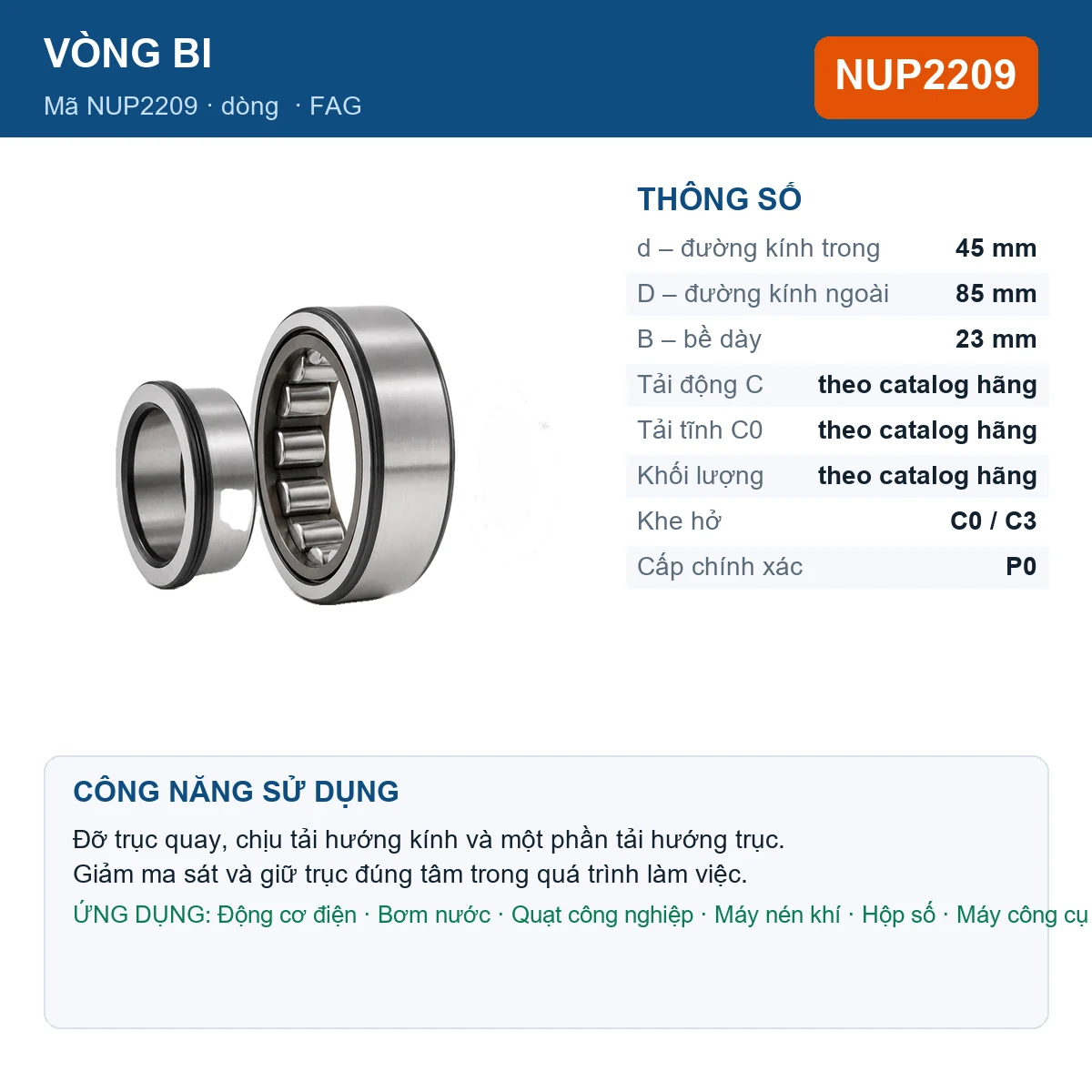 Vòng bi FAG NUP2209 45x85x23mm — Ảnh đăng sản phẩm (web)