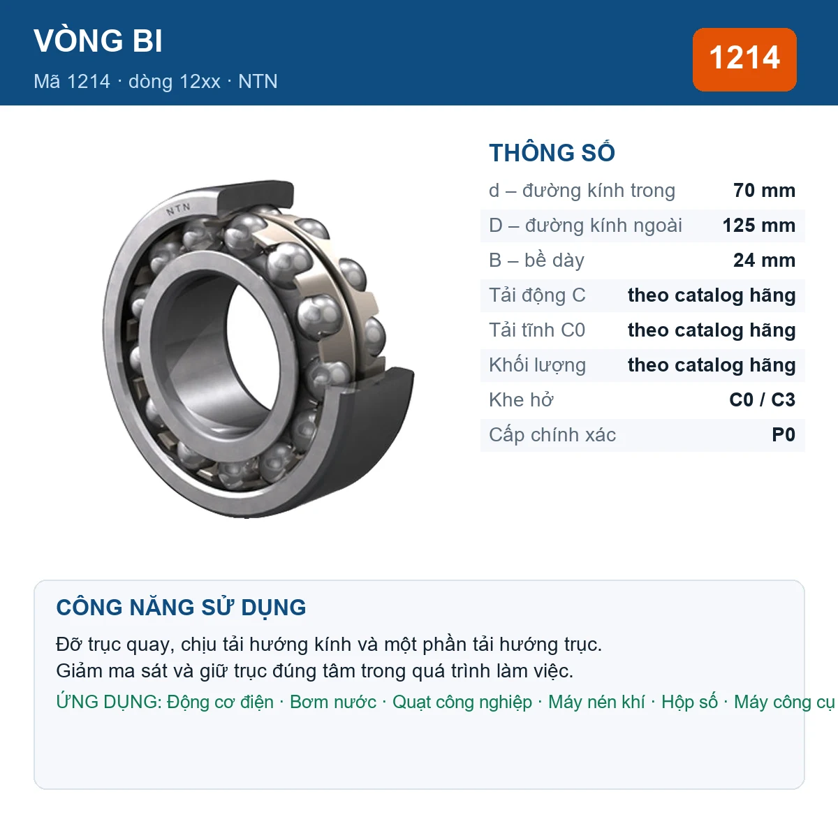 Vòng bi NTN 1214 — kích thước 70x125x24mm