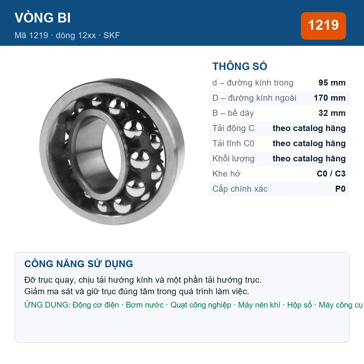 Vòng bi SKF 1219 — kích thước 95x170x32mm