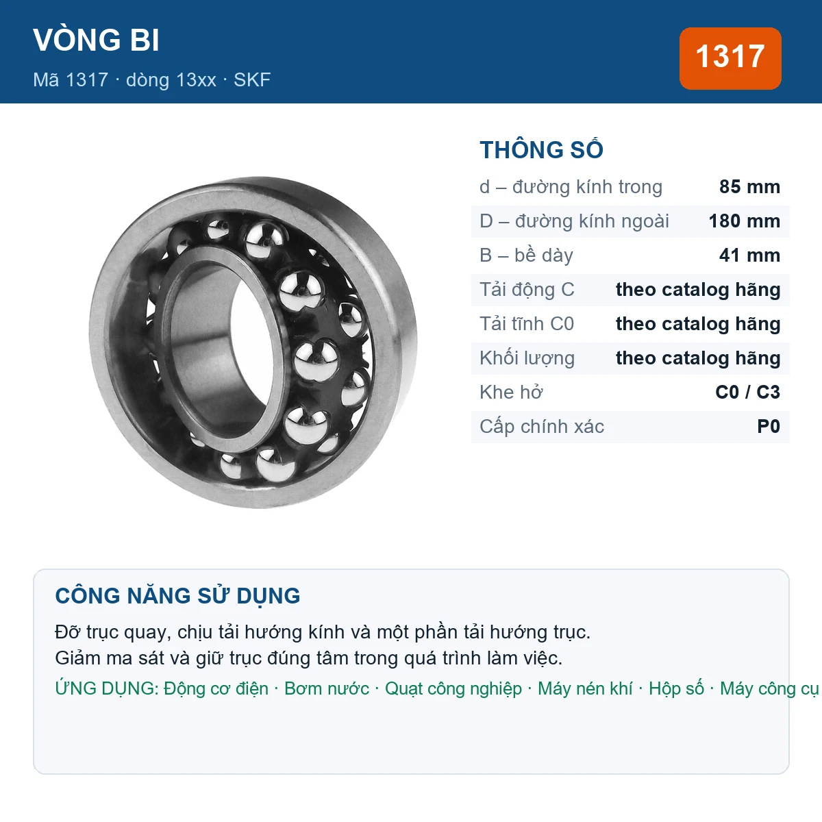 Vòng bi SKF 1317 — kích thước 85x180x41mm