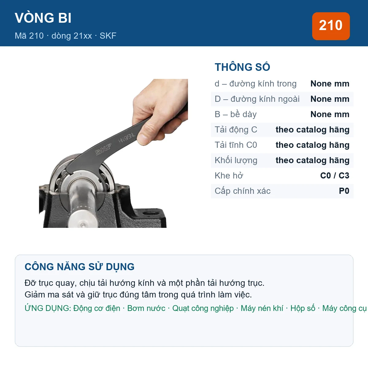Vòng bi SKF 210 — kích thước mm