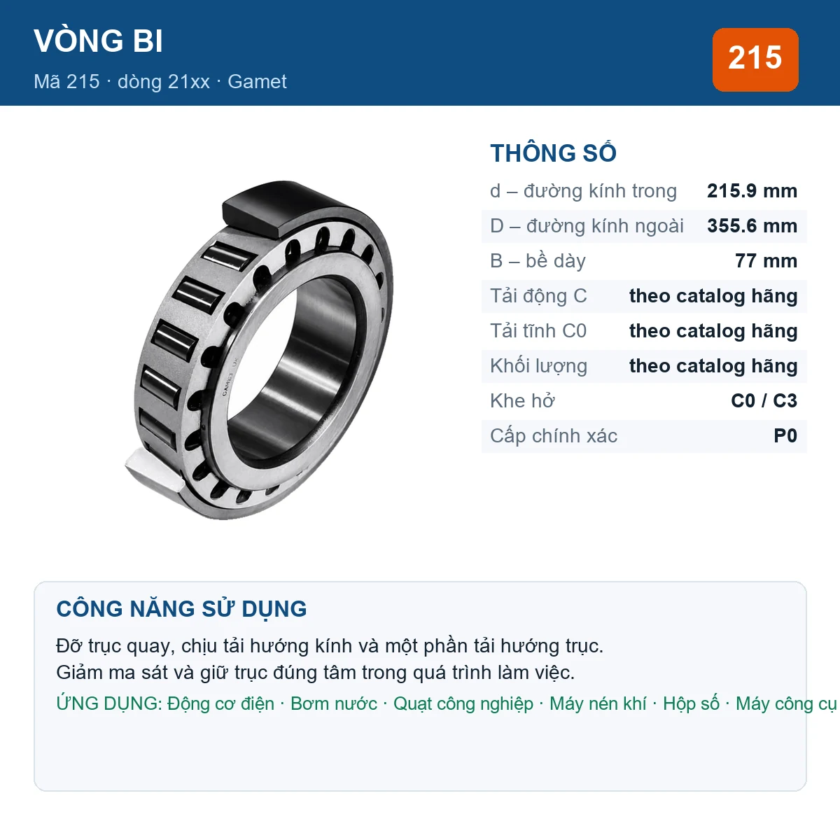 Vòng bi Gamet 215 215.9x355.6x77mm — Ảnh đăng sản phẩm (web)