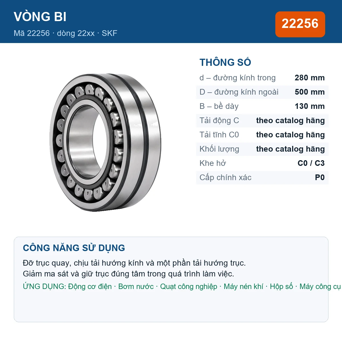 Vòng bi SKF 22256 — kích thước 280x500x130mm
