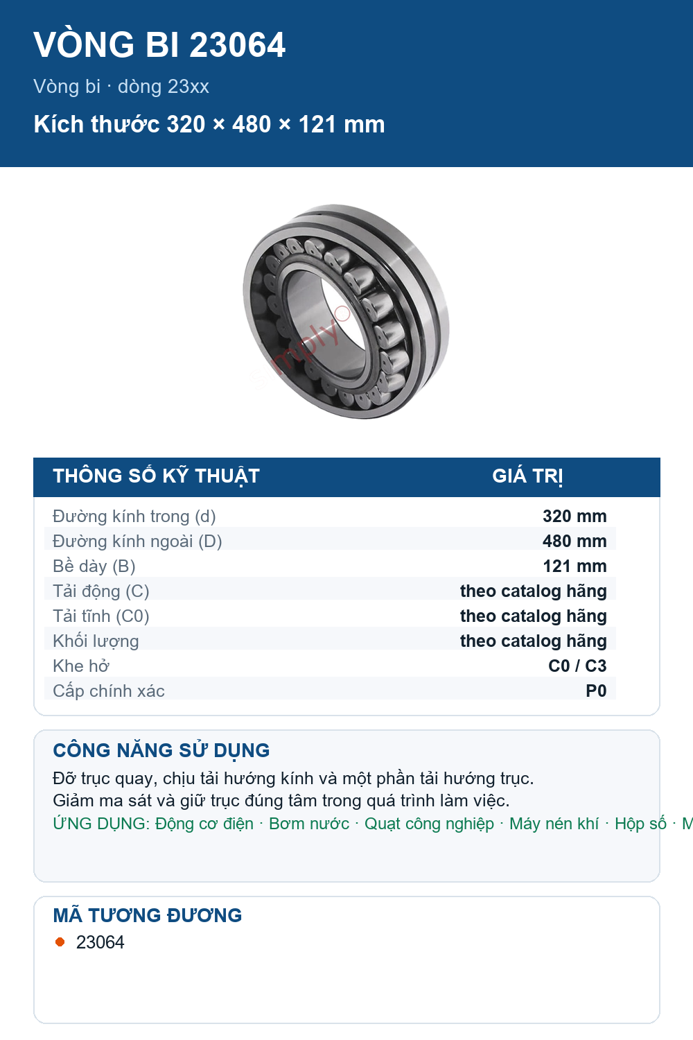 Vòng bi FAG 23064 320x480x121mm — Ảnh thông số (Pinterest)