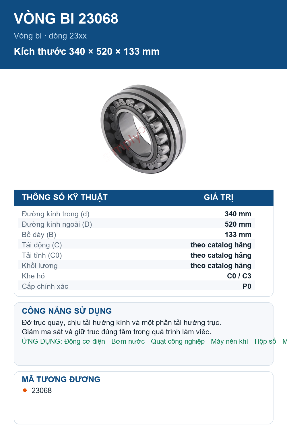 Vòng bi FAG 23068 340x520x133mm — Ảnh thông số (Pinterest)