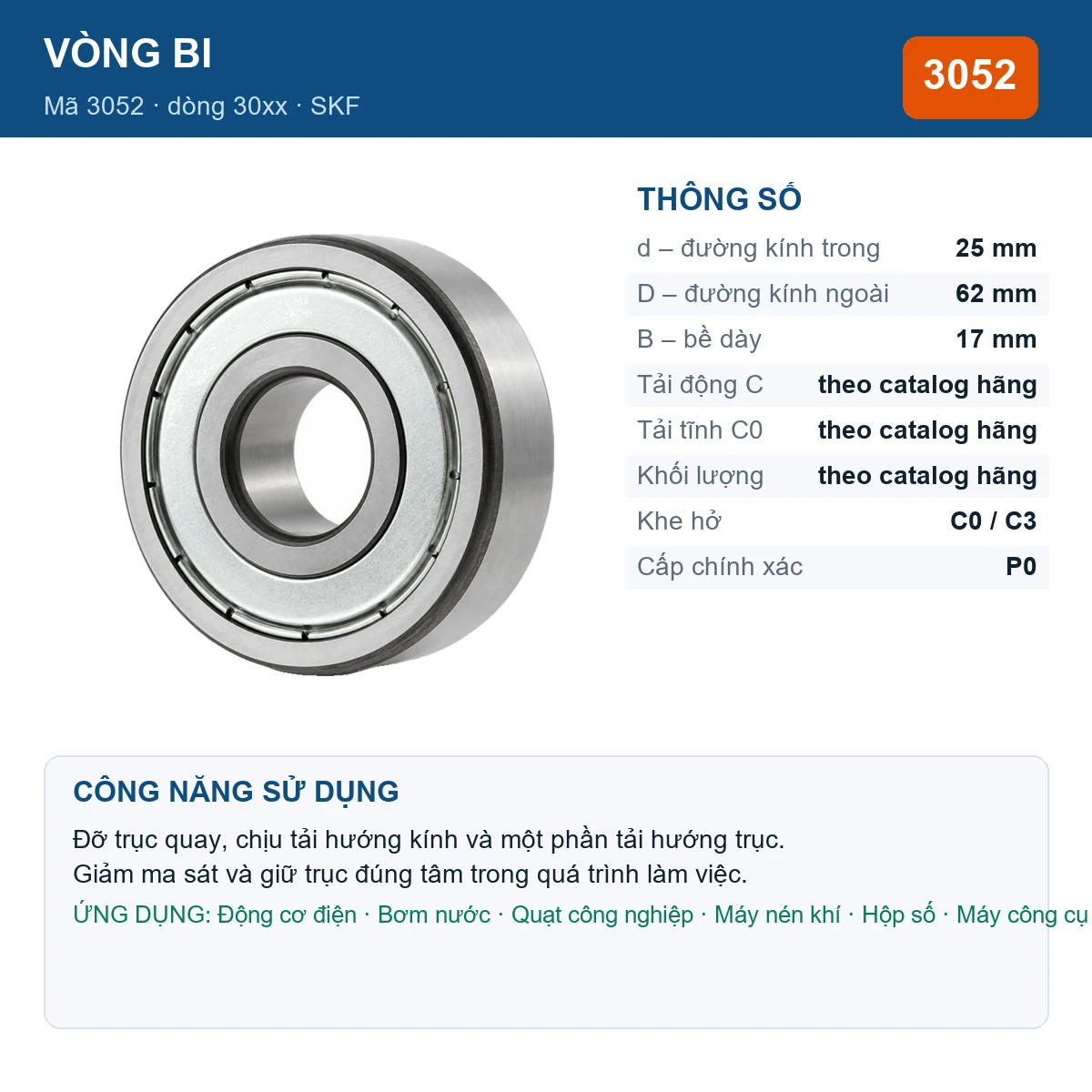 Vòng bi SKF 3052 — kích thước 25x62x17mm
