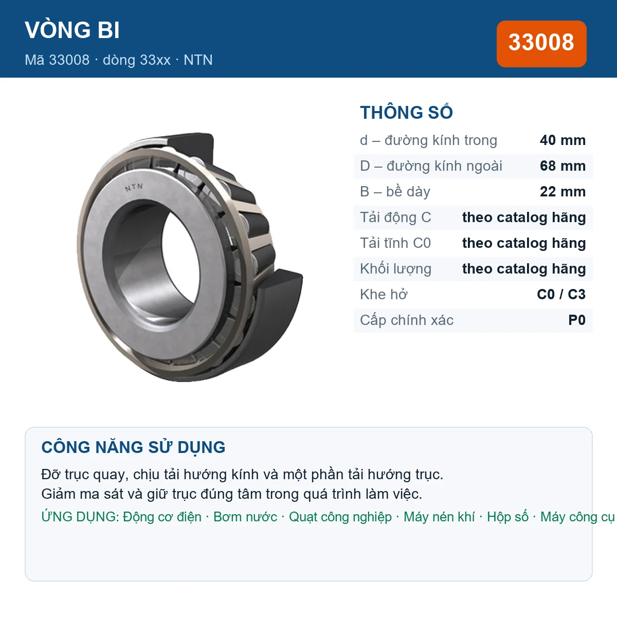 Vòng bi NTN 33008 — kích thước 40x68x22mm