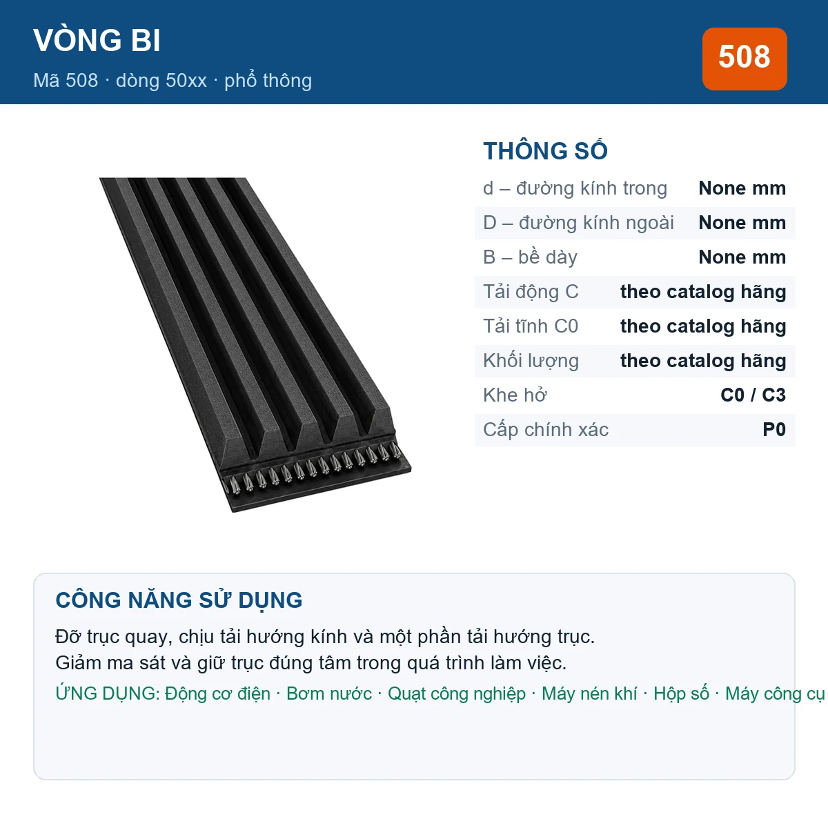 Vòng bi Major Brand 508 — kích thước mm