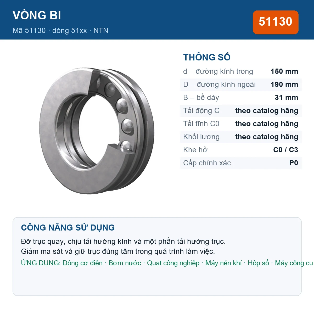 Vòng bi NTN 51130 — kích thước 150x190x31mm