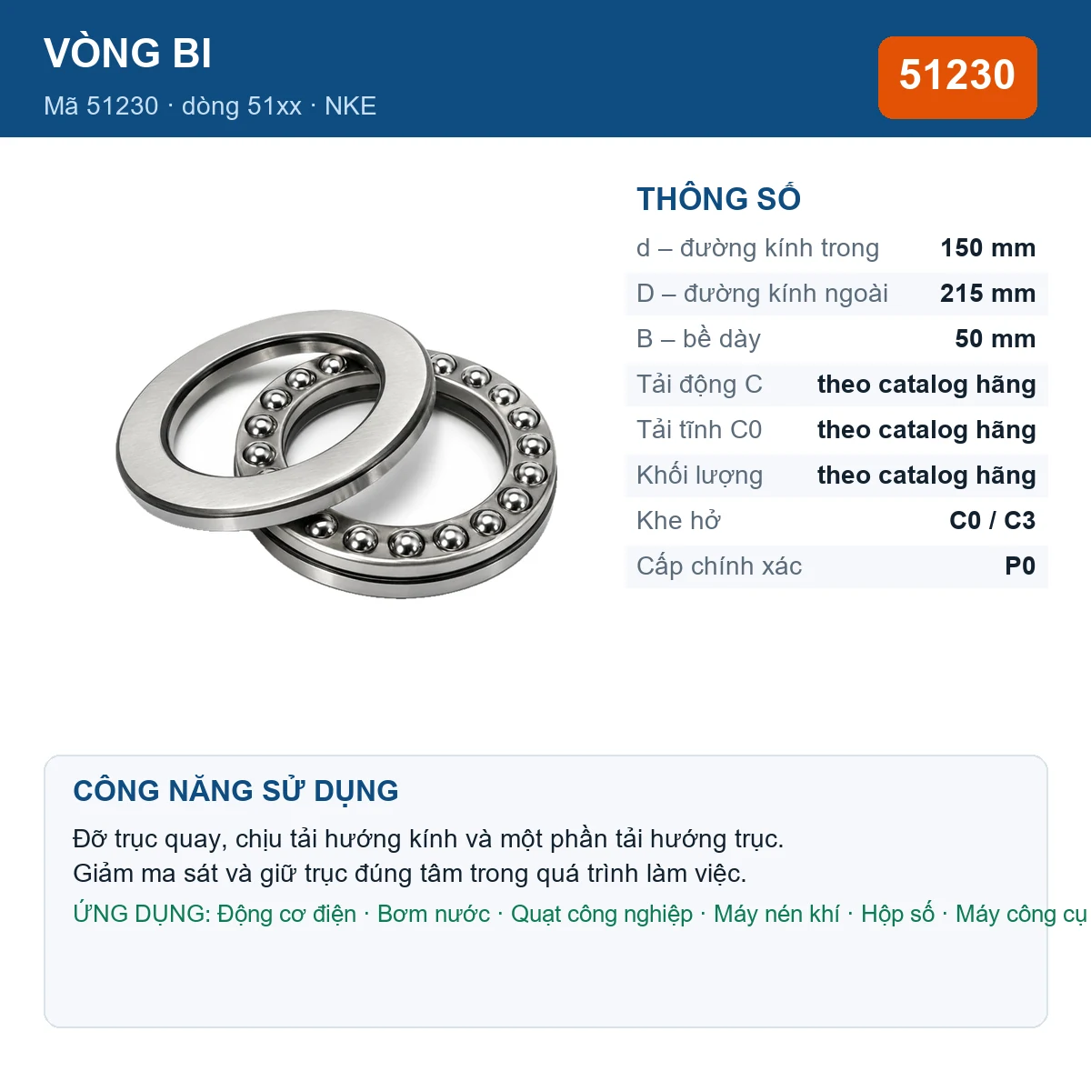 Vòng bi NKE 51230 — kích thước 150x215x50mm