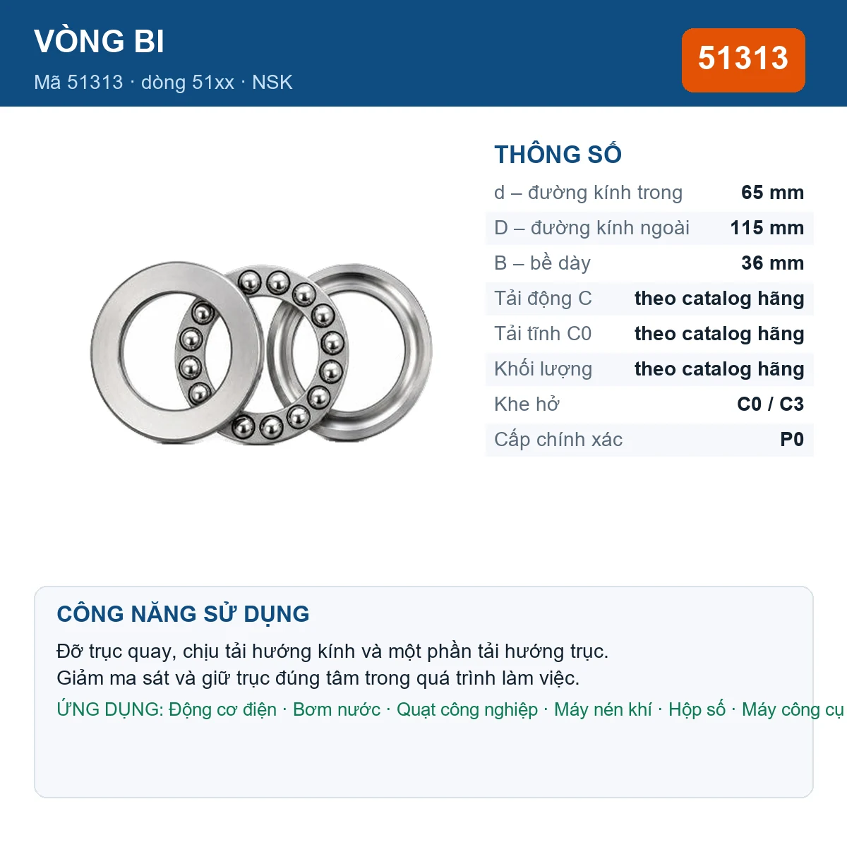 Vòng bi NSK 51313 — kích thước 65x115x36mm