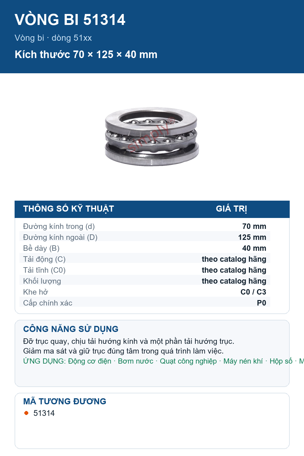Vòng bi Codex 51314 70x125x40mm — Ảnh thông số (Pinterest)