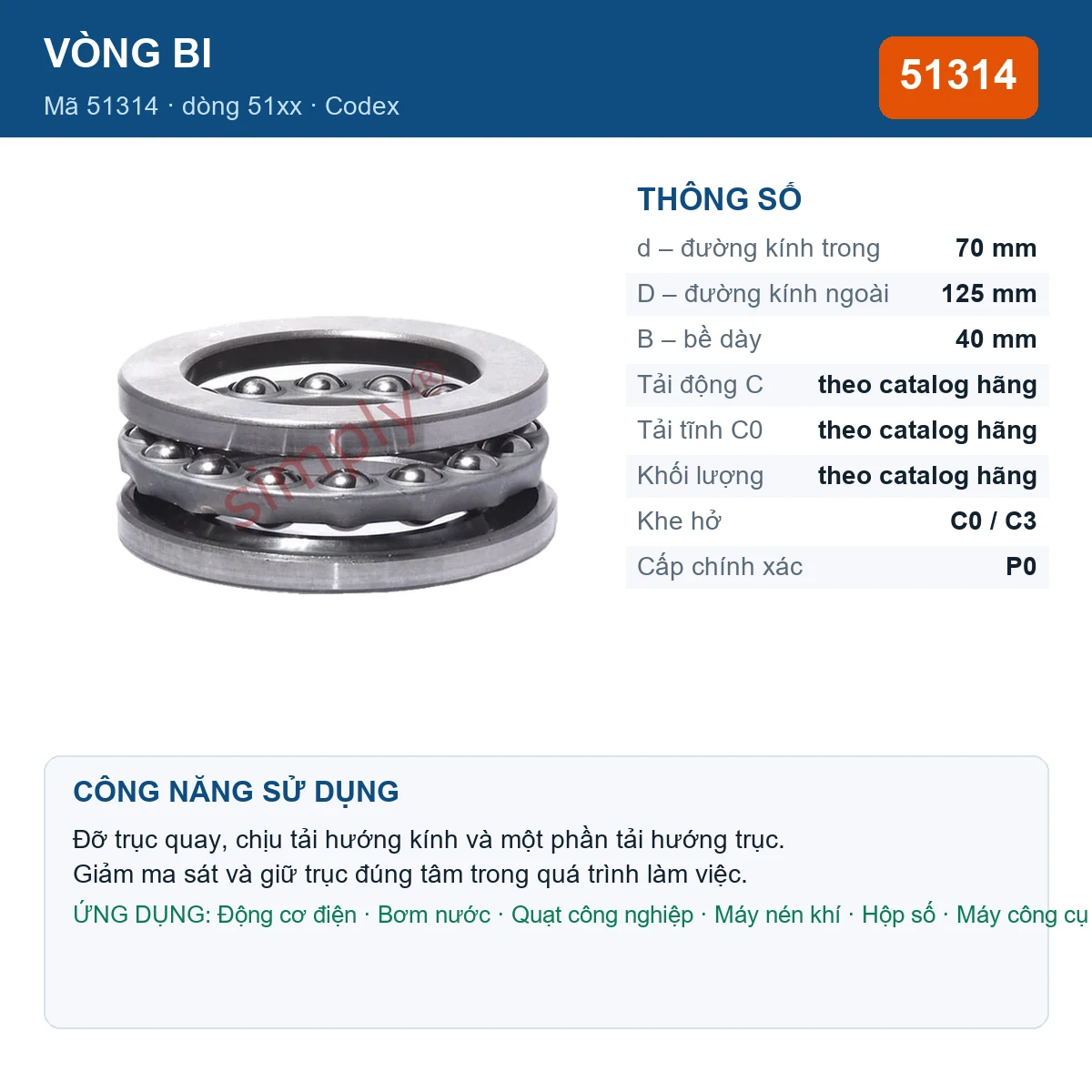 Vòng bi Codex 51314 — kích thước 70x125x40mm