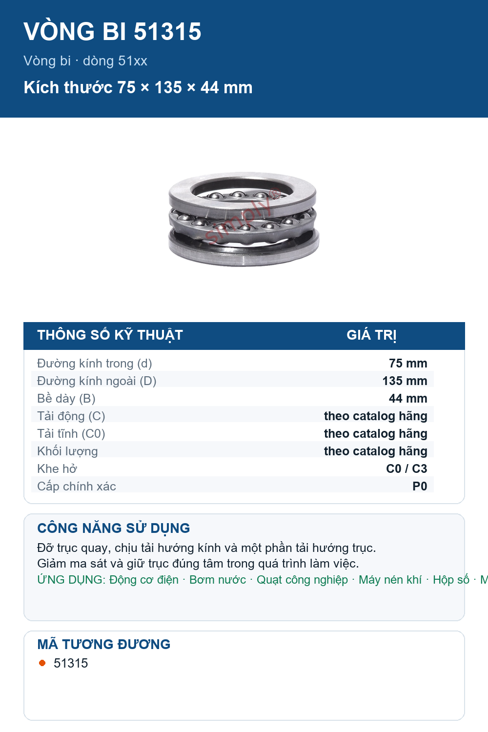 Vòng bi SKF 51315 75x135x44mm — Ảnh thông số (Pinterest)