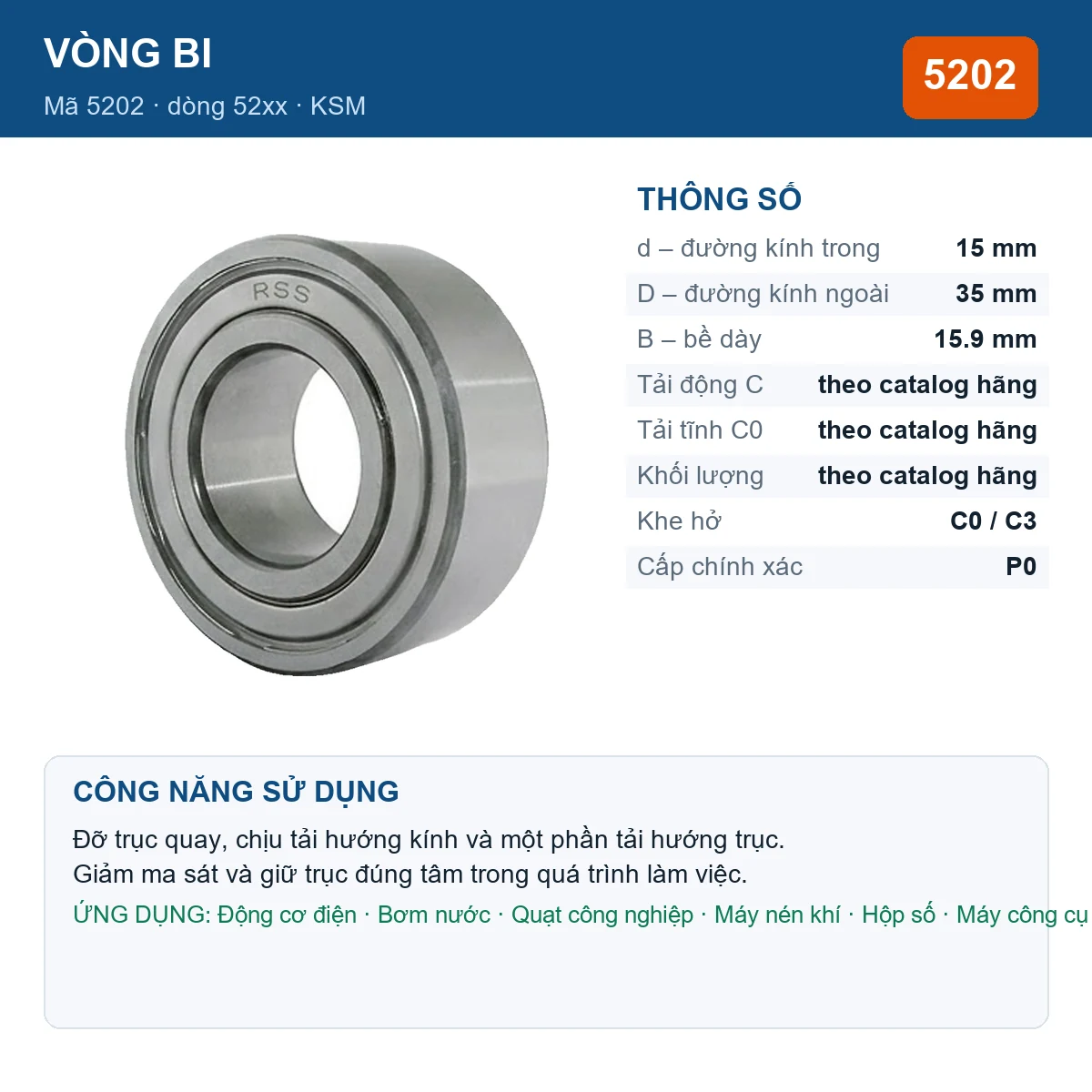Vòng bi KSM 5202 — kích thước 15x35x15.9mm