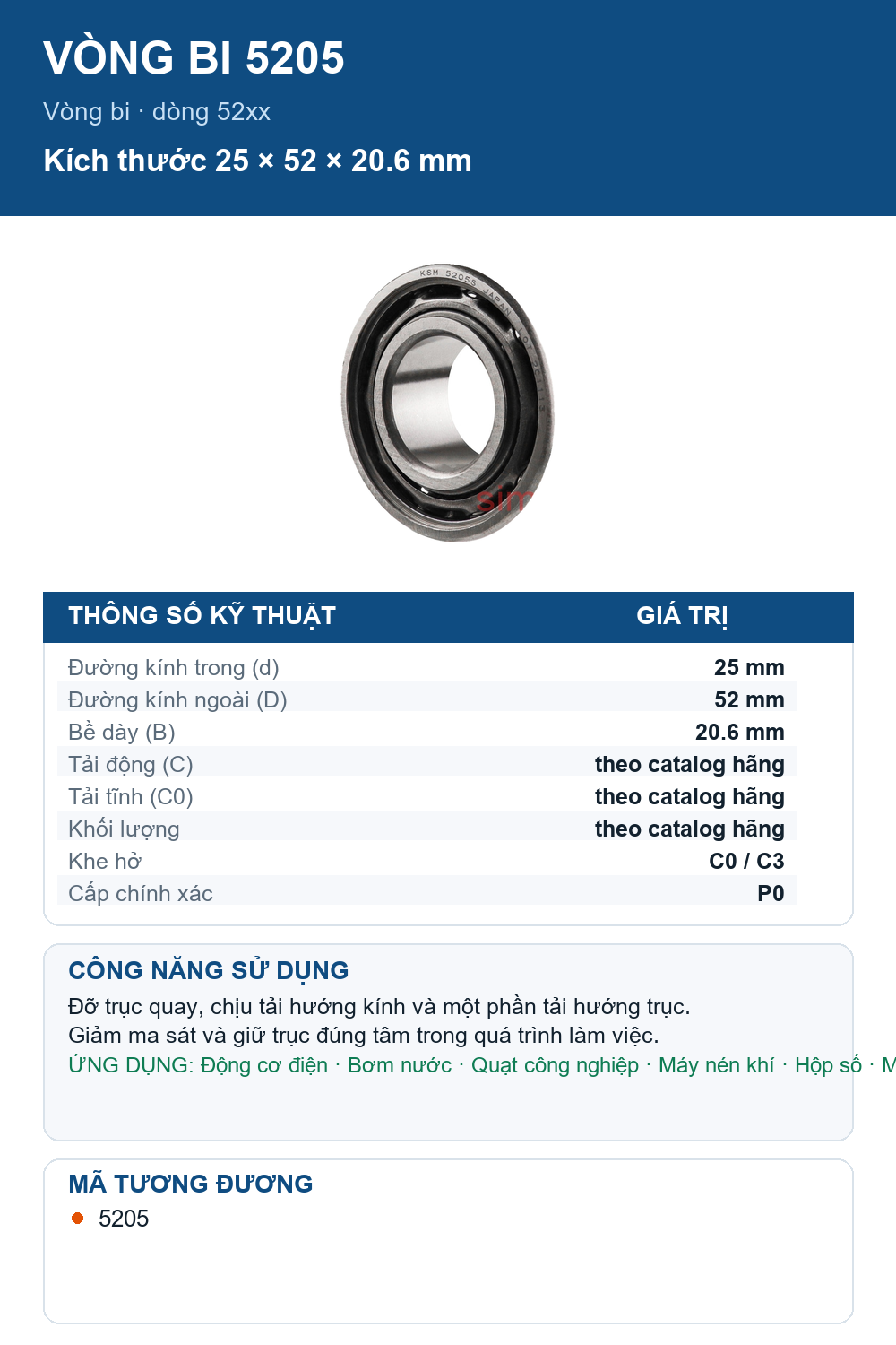 Vòng bi KSM 5205 25x52x20.6mm — Ảnh thông số (Pinterest)